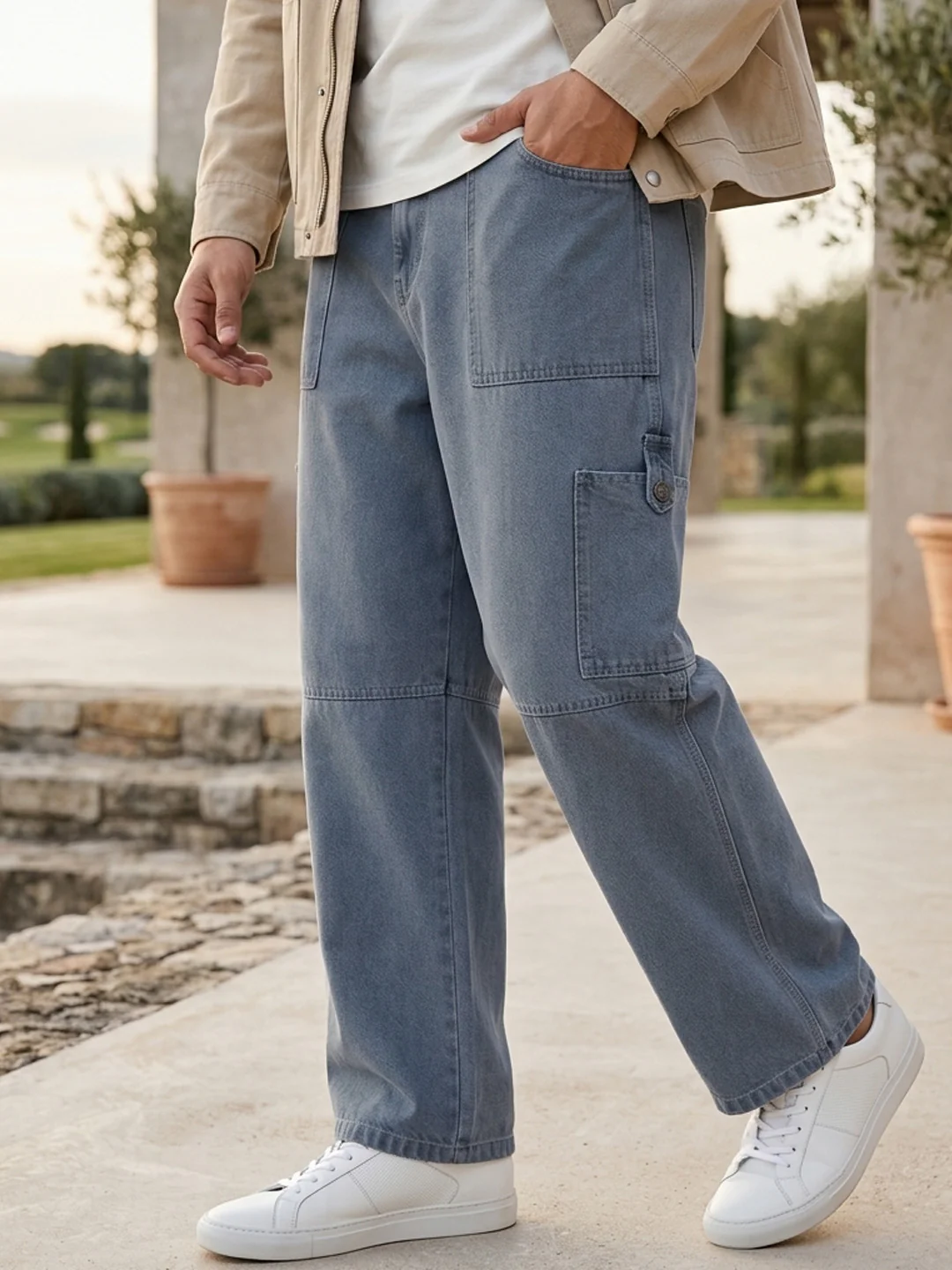 Plus Men's Light Grey Loose Baggy Fit Washed Cargo Jeans with 6 Pockets Non-Stretchable