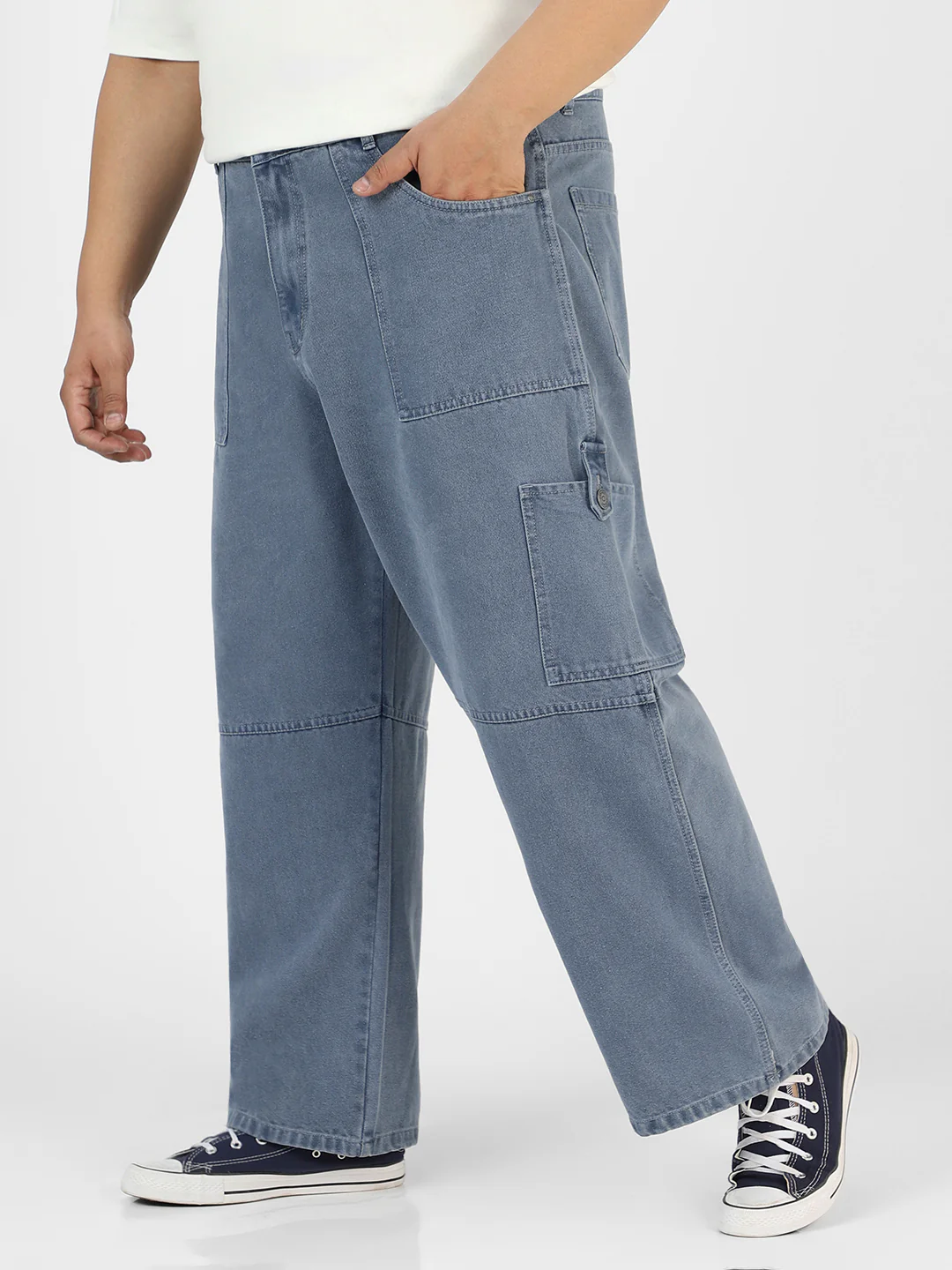 Plus Men's Light Grey Loose Baggy Fit Washed Cargo Jeans with 6 Pockets Non-Stretchable - Image 2