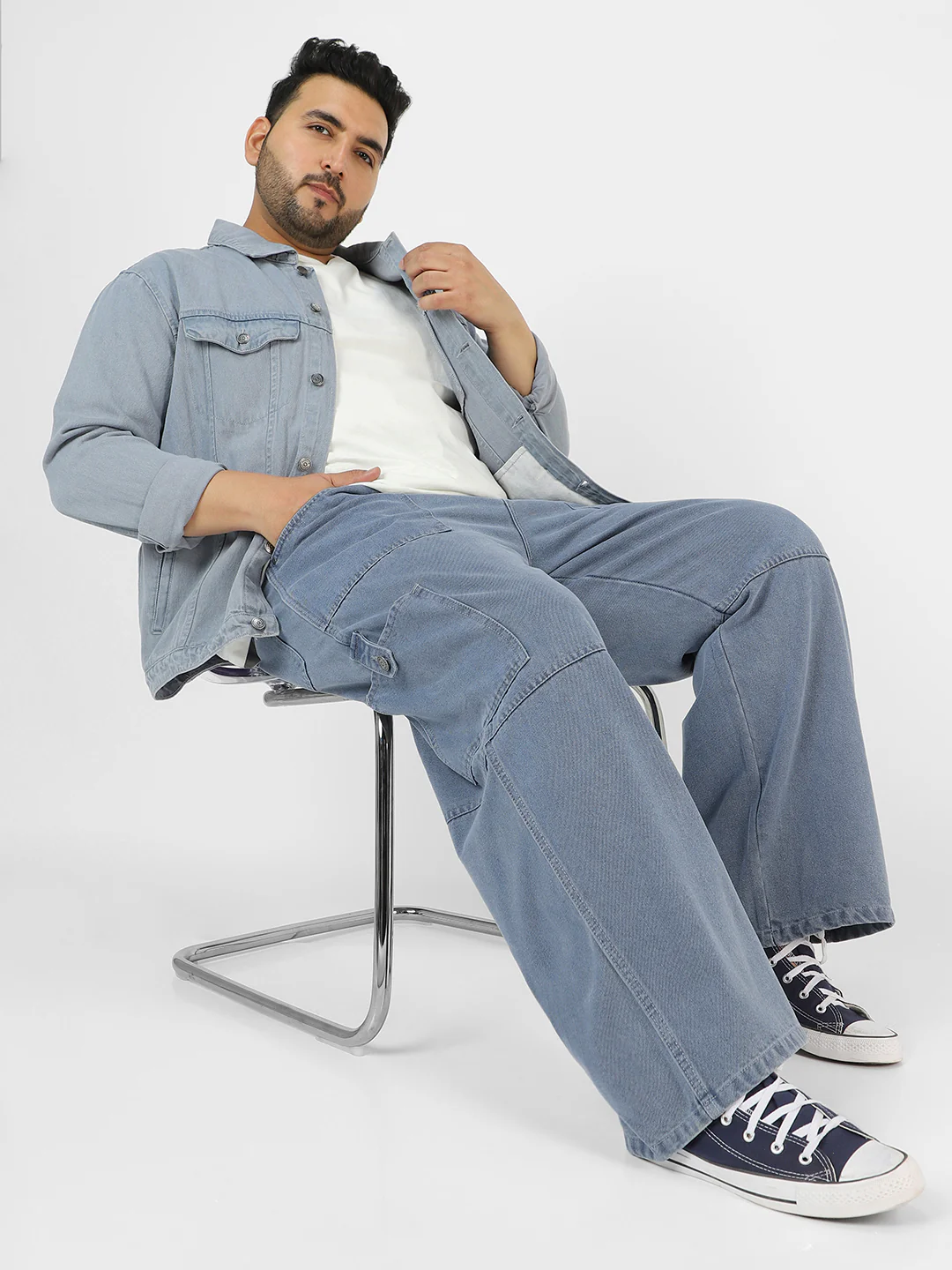 Plus Men's Light Grey Loose Baggy Fit Washed Cargo Jeans with 6 Pockets Non-Stretchable - Image 4