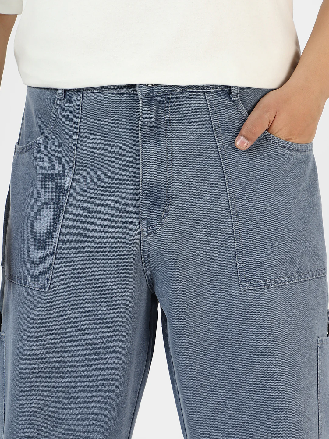 Plus Men's Light Grey Loose Baggy Fit Washed Cargo Jeans with 6 Pockets Non-Stretchable - Image 5