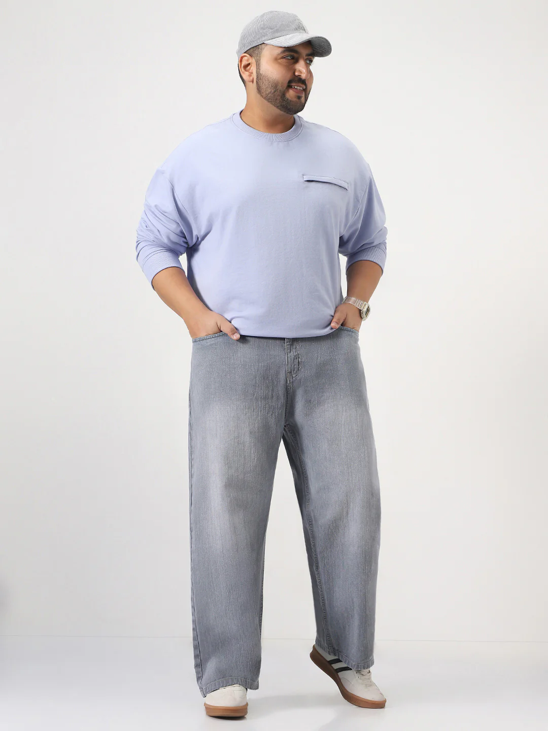 Plus Men's Light Grey Loose Baggy Fit Washed Denim Jeans Non-Stretchable - Image 4