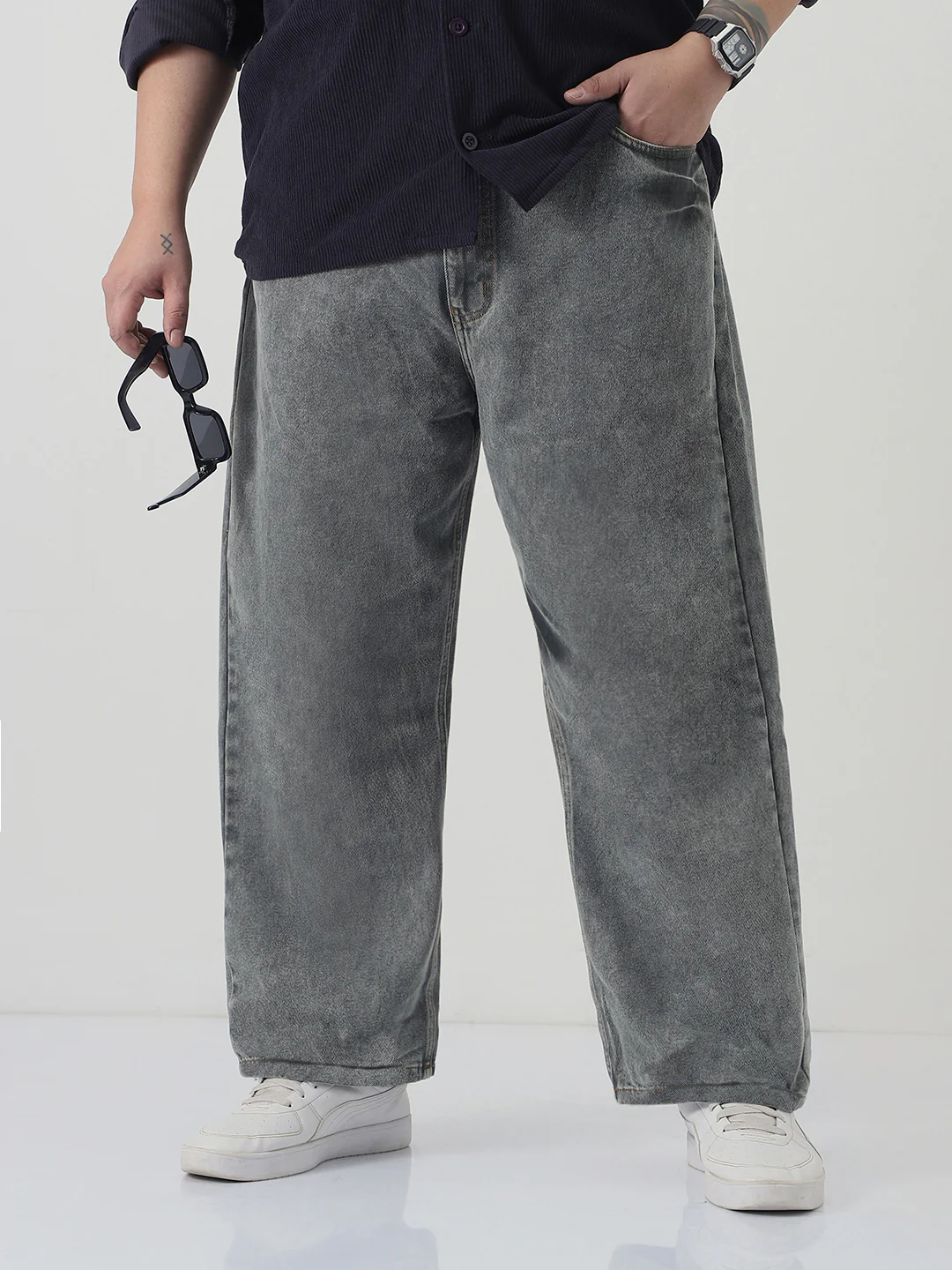 Plus Men's Light Grey Loose Baggy Fit Washed Jeans Non-Stretchable