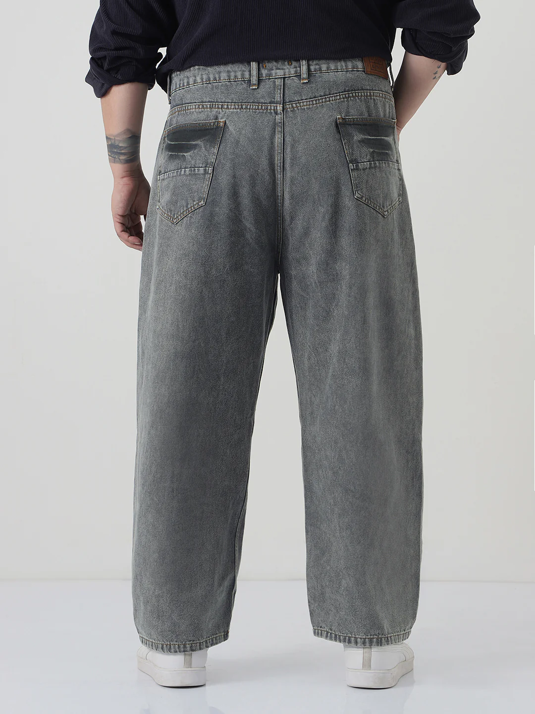Plus Men's Light Grey Loose Baggy Fit Washed Jeans Non-Stretchable - Image 3