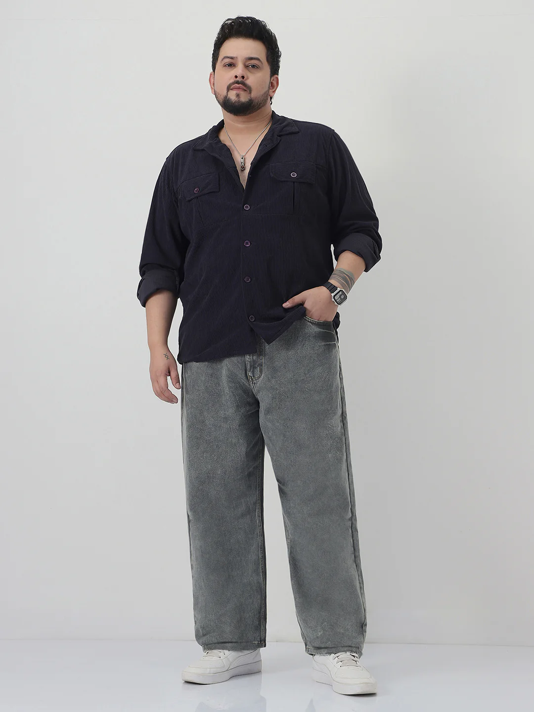 Plus Men's Light Grey Loose Baggy Fit Washed Jeans Non-Stretchable - Image 4