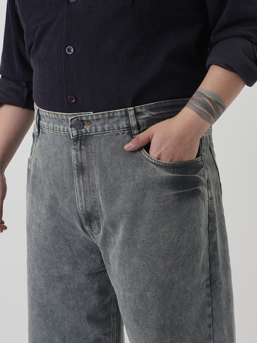Plus Men's Light Grey Loose Baggy Fit Washed Jeans Non-Stretchable - Image 5