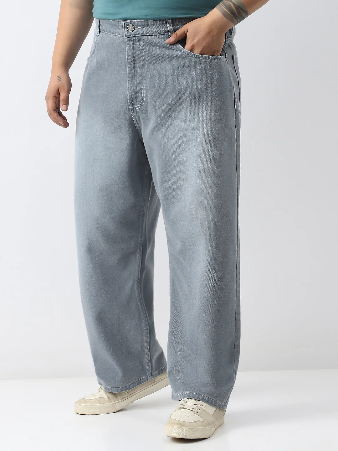 Plus Men's Light Grey Loose Baggy Fit Washed Jeans Non-Stretchable - Image 2
