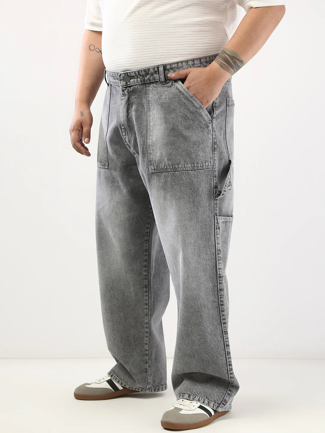 Plus Men's Light Grey Loose Fit Cargo Carpenter Jeans With 6 Pockets Non-Stretchable - Image 2