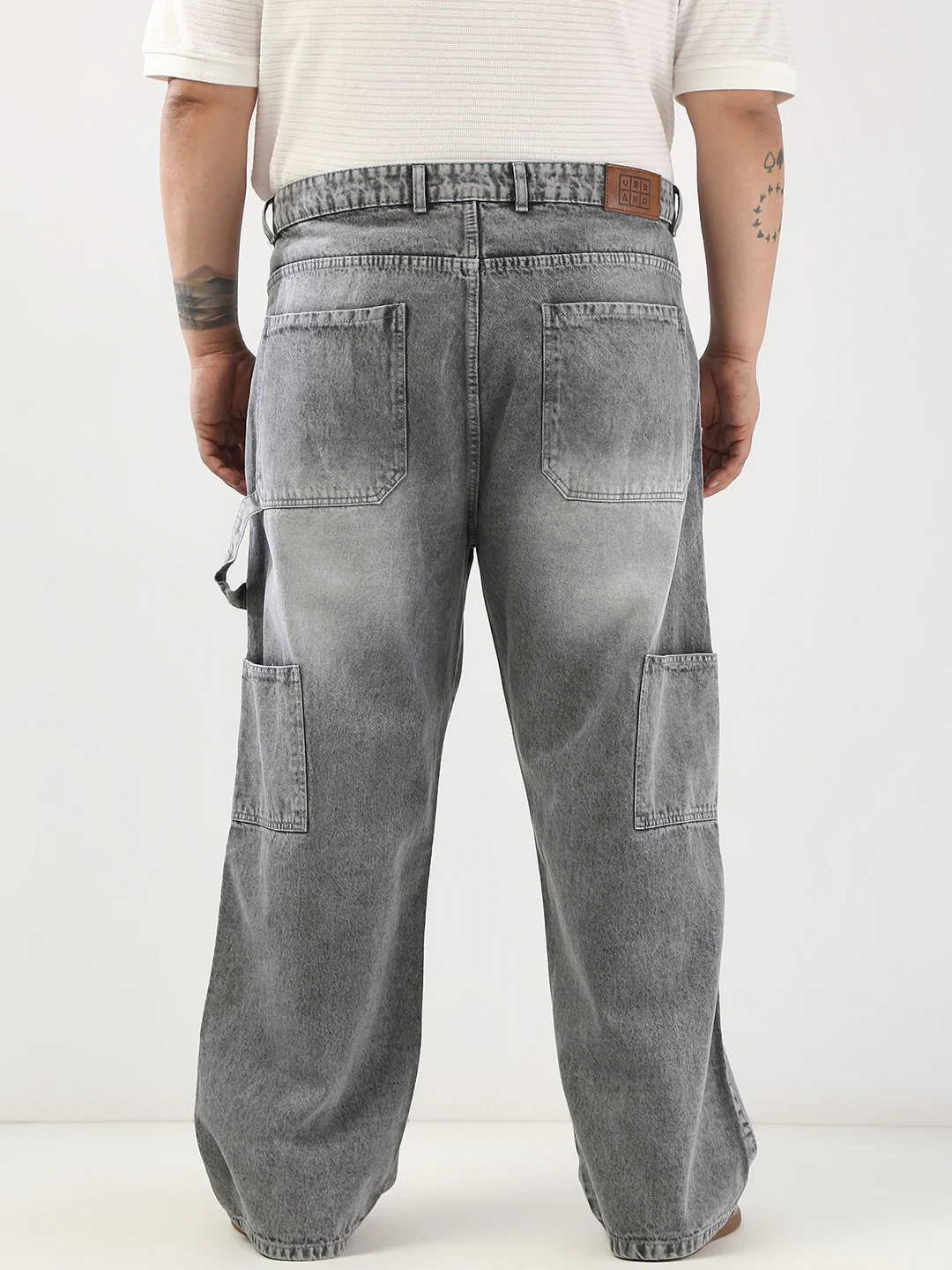 Plus Men's Light Grey Loose Fit Cargo Carpenter Jeans With 6 Pockets Non-Stretchable - Image 3