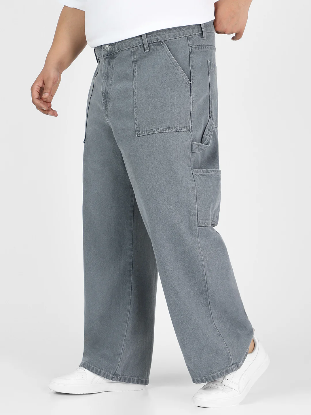 Plus Men's Light Grey Loose Fit Cargo Carpenter Jeans With 6 Pockets Non-Stretchable - Image 2