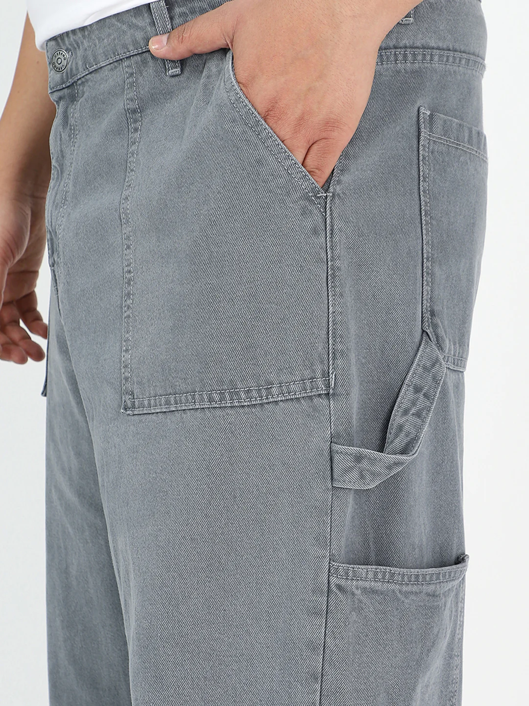 Plus Men's Light Grey Loose Fit Cargo Carpenter Jeans With 6 Pockets Non-Stretchable - Image 5