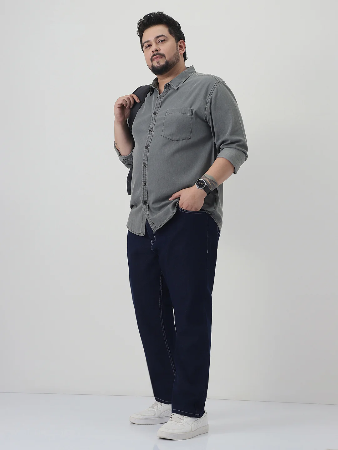 Plus Men's Light Grey Regular Fit Full Sleeve Solid Denim Shirt - Image 4