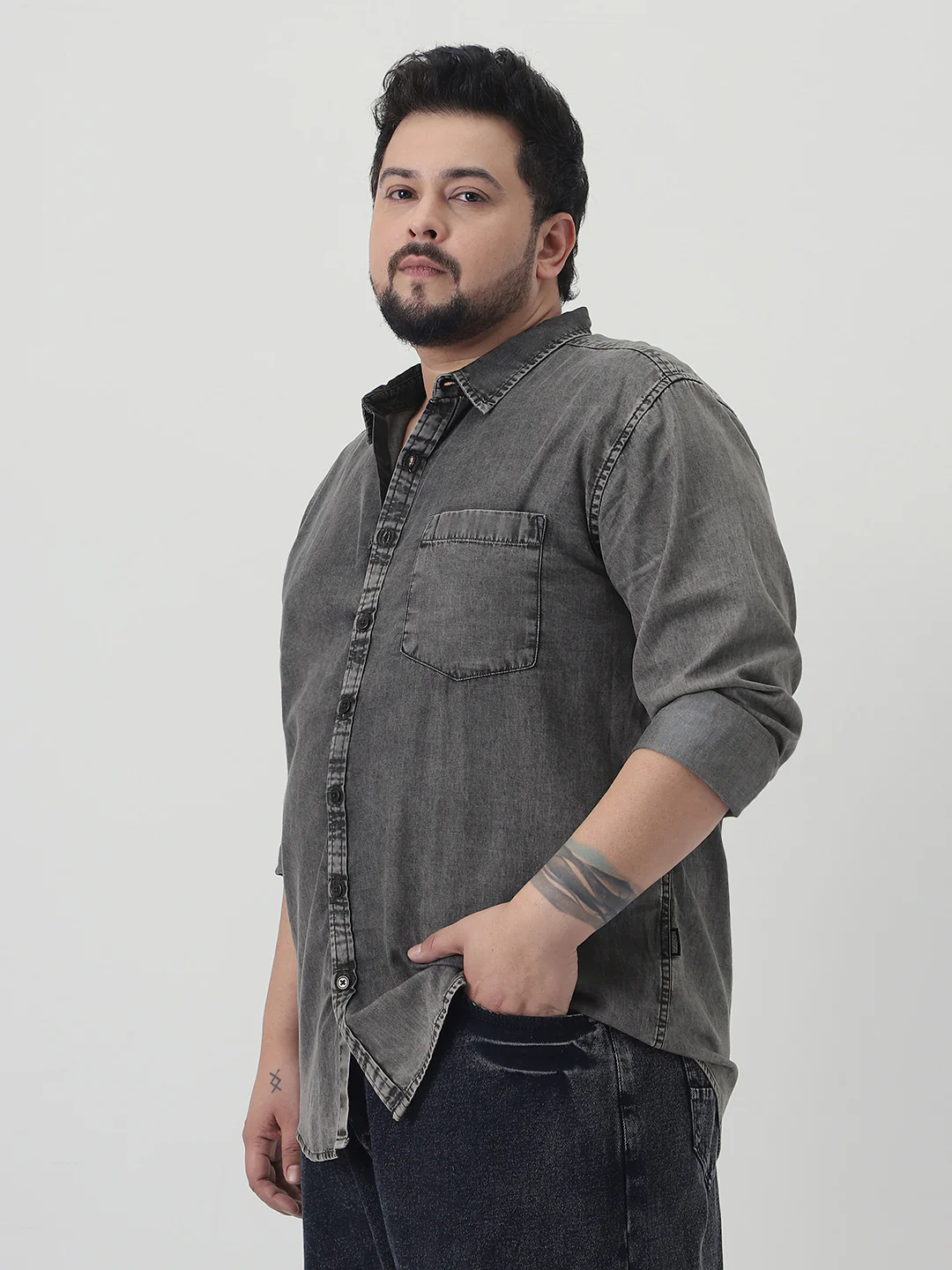 Plus Men's Light Grey Regular Fit Full Sleeve Washed Denim Shirt - Image 2