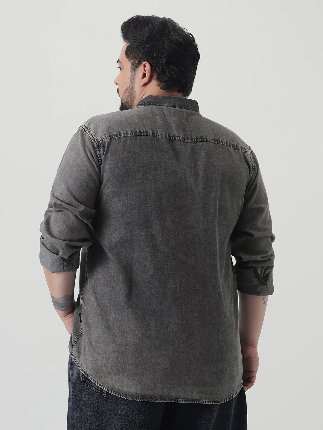 Plus Men's Light Grey Regular Fit Full Sleeve Washed Denim Shirt - Image 3