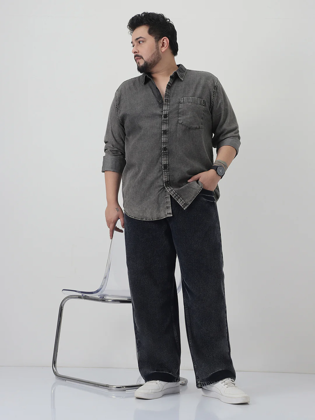 Plus Men's Light Grey Regular Fit Full Sleeve Washed Denim Shirt - Image 4