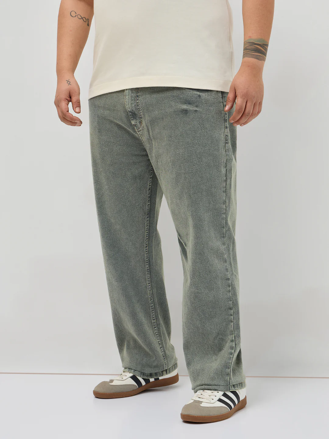 Plus Men's Light Grey Regular Fit Acid Washed Denim Jeans Stretchable - Image 2