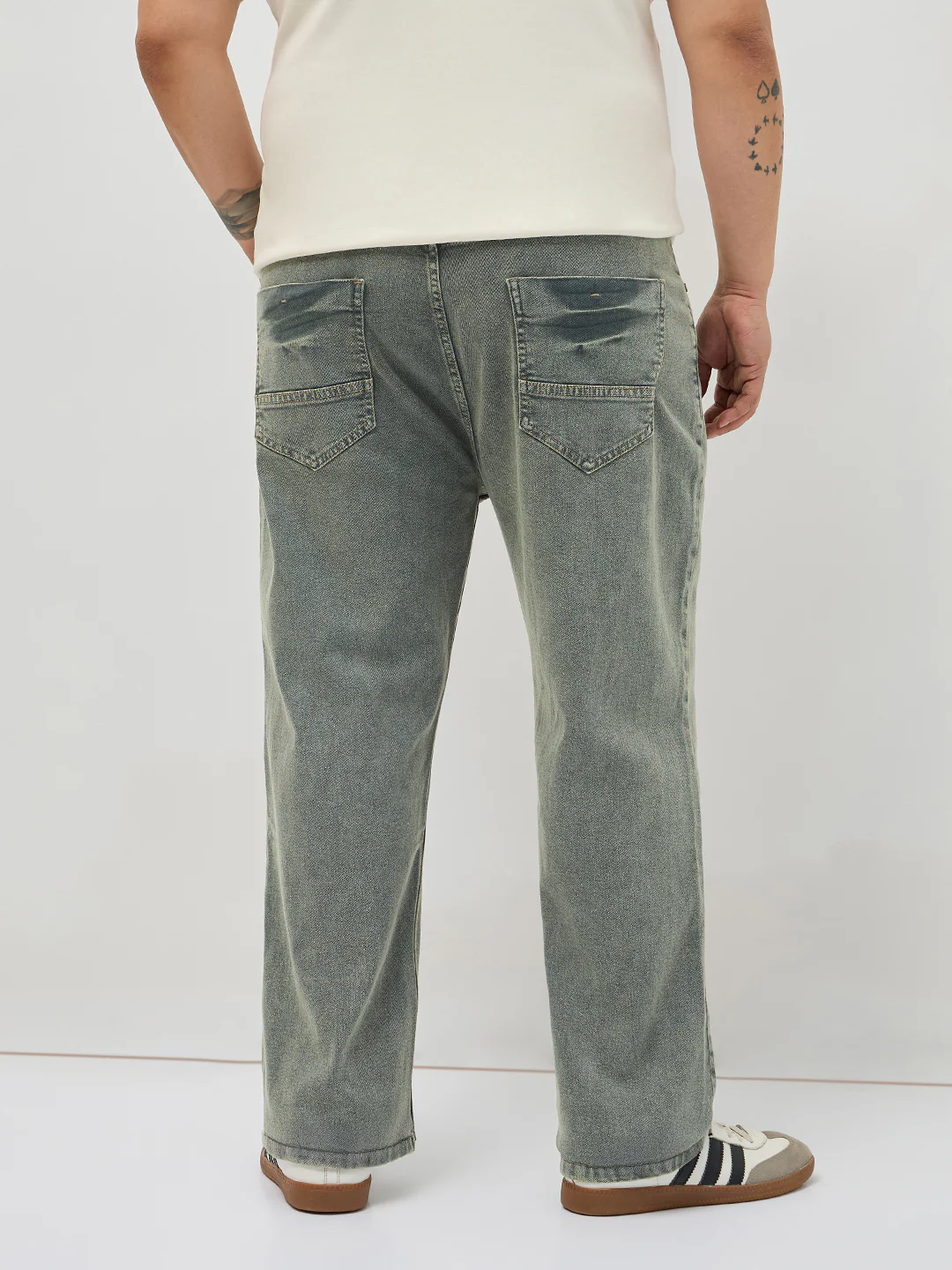 Plus Men's Light Grey Regular Fit Acid Washed Denim Jeans Stretchable - Image 3