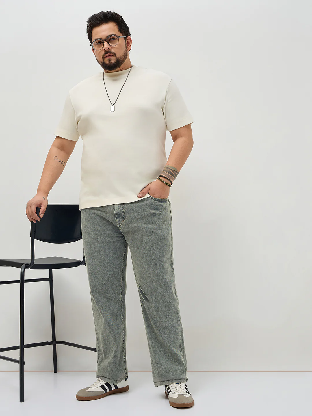Plus Men's Light Grey Regular Fit Acid Washed Denim Jeans Stretchable - Image 4