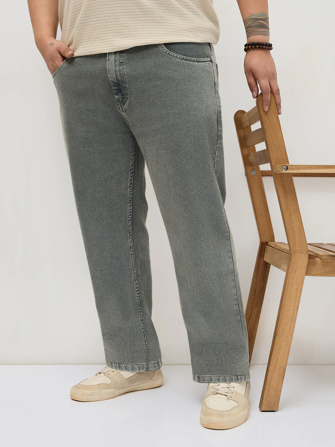 Plus Men's Light Grey Regular Fit Towel Washed Yellow Tint Denim Jeans Stretchable