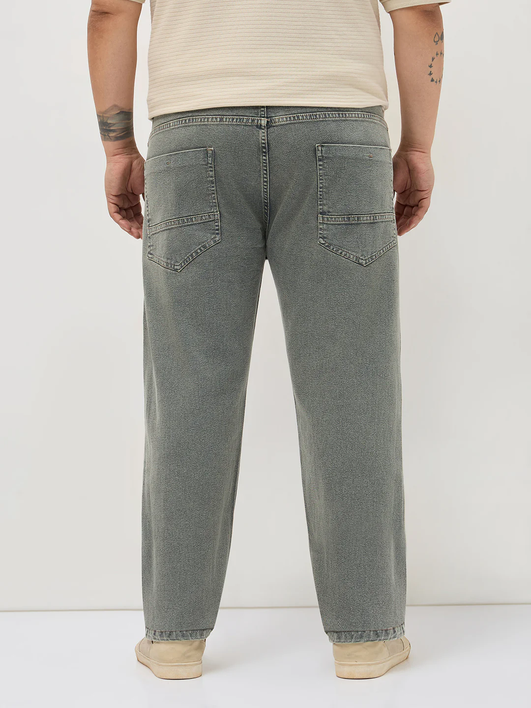 Plus Men's Light Grey Regular Fit Towel Washed Yellow Tint Denim Jeans Stretchable - Image 3
