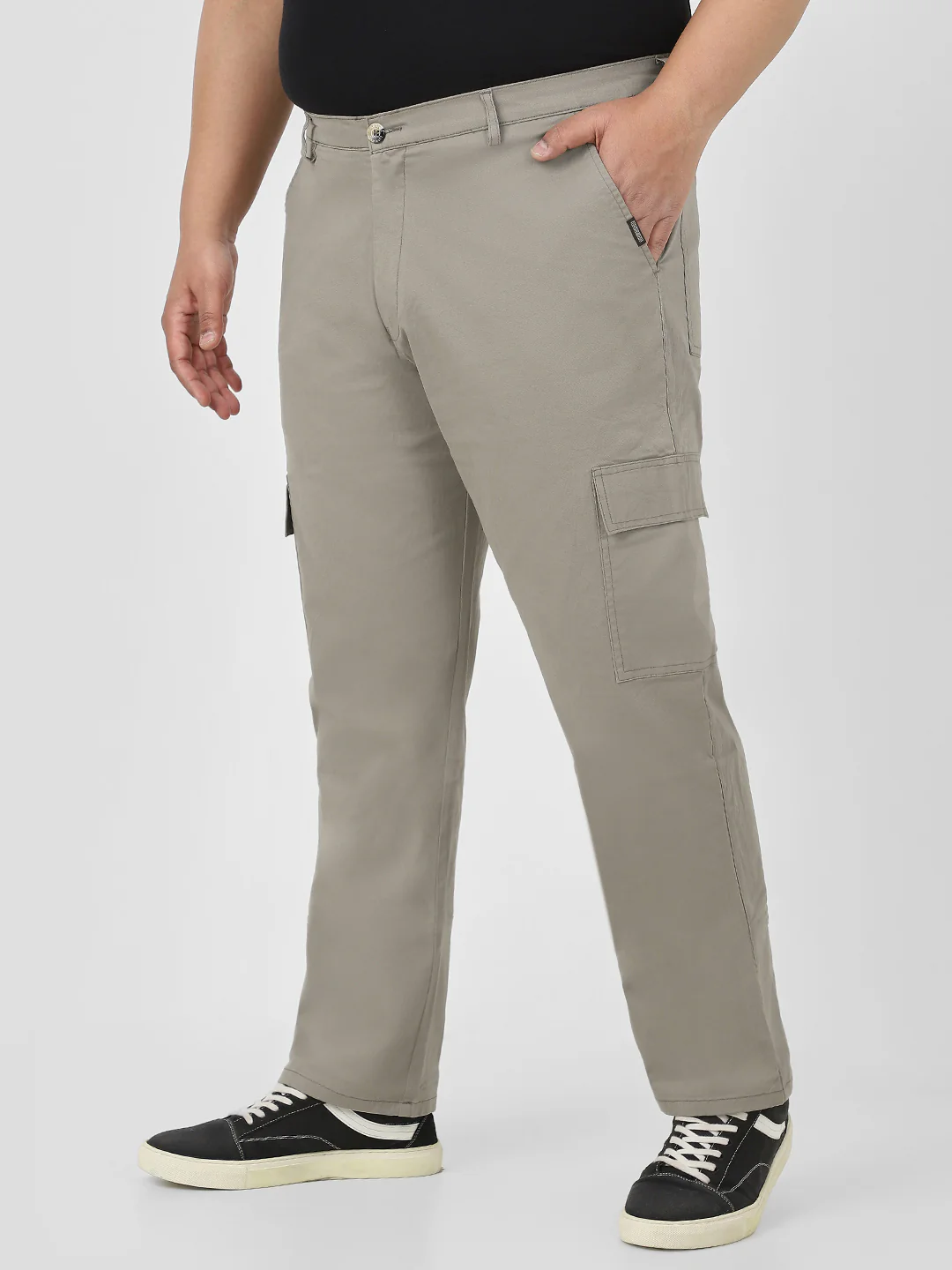 Plus Men's Light Grey Regular Fit Solid Cargo Chino Pant with 6 Pockets Stretchable - Image 2