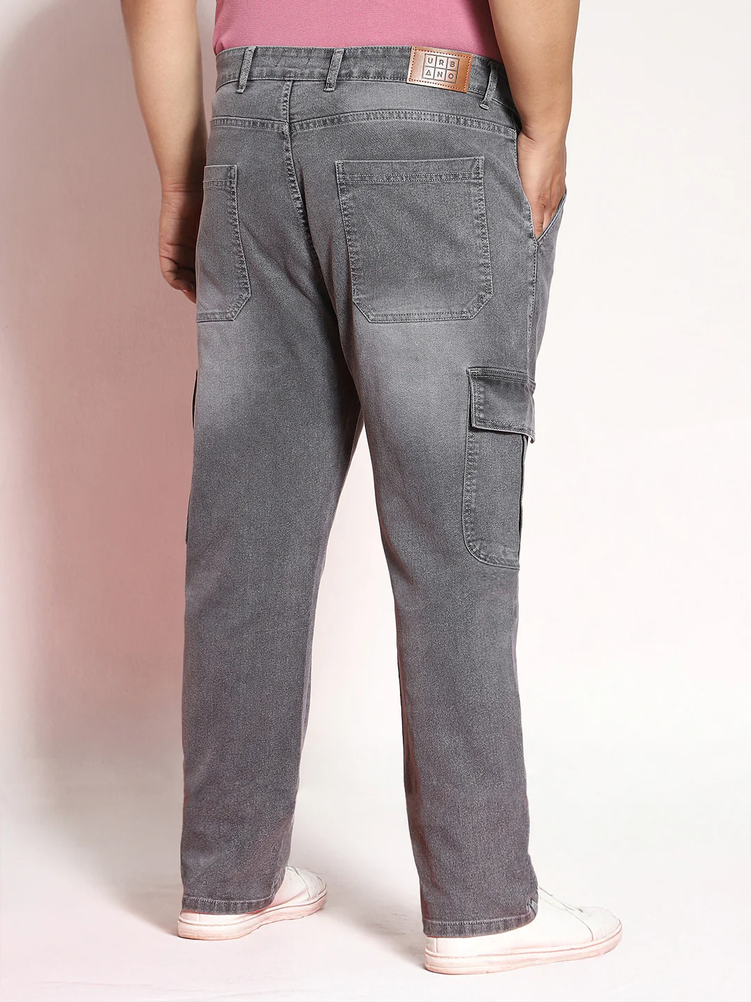 Plus Men's Light Grey Regular Fit Washed Cargo Jeans With 6 Pockets Stretchable - Image 2