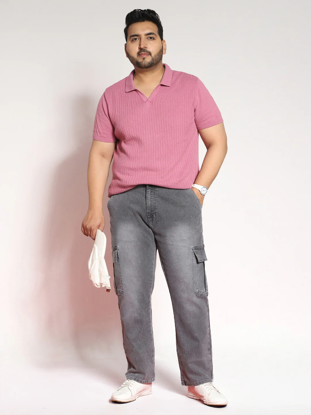 Plus Men's Light Grey Regular Fit Washed Cargo Jeans With 6 Pockets Stretchable - Image 3