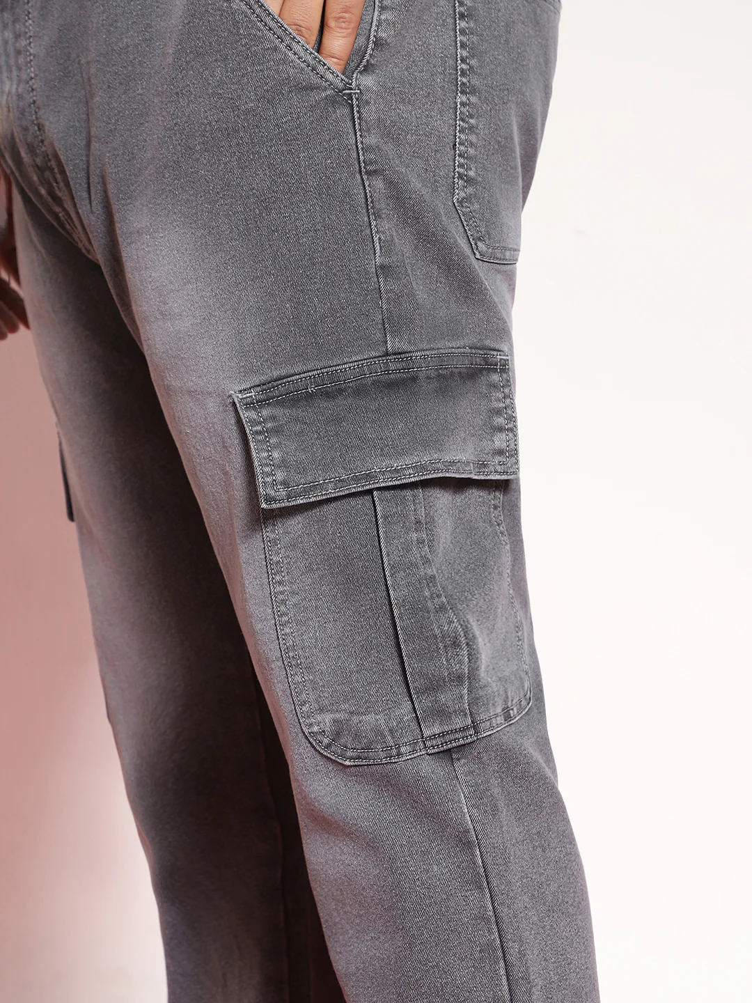 Plus Men's Light Grey Regular Fit Washed Cargo Jeans With 6 Pockets Stretchable - Image 4