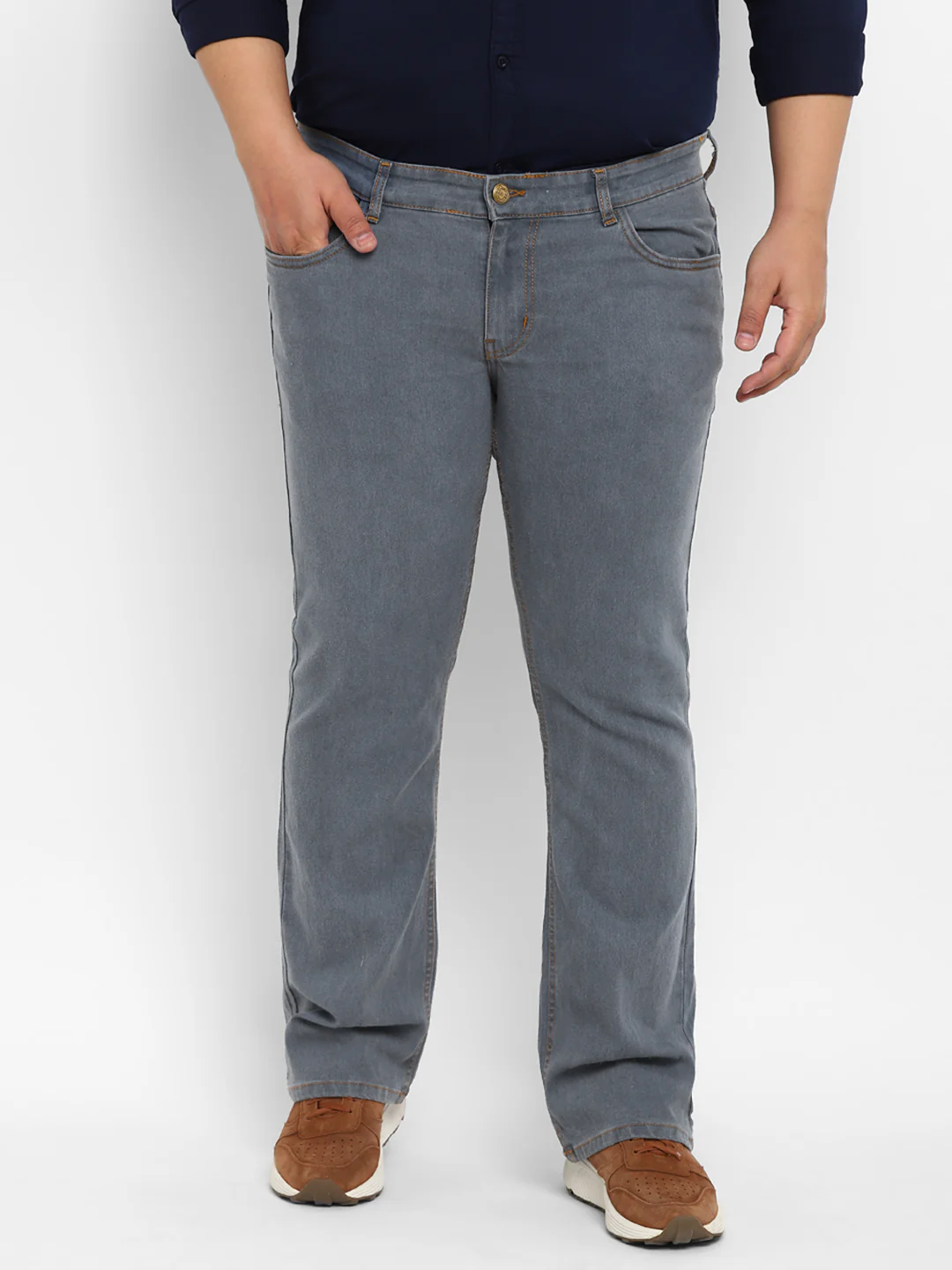 Plus Men's Light Grey Regular Fit Washed Denim Bootcut Jeans Stretchable - Image 2
