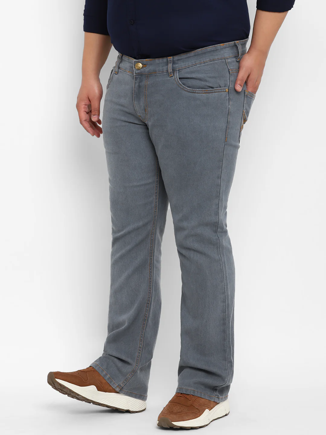 Plus Men's Light Grey Regular Fit Washed Denim Bootcut Jeans Stretchable - Image 3