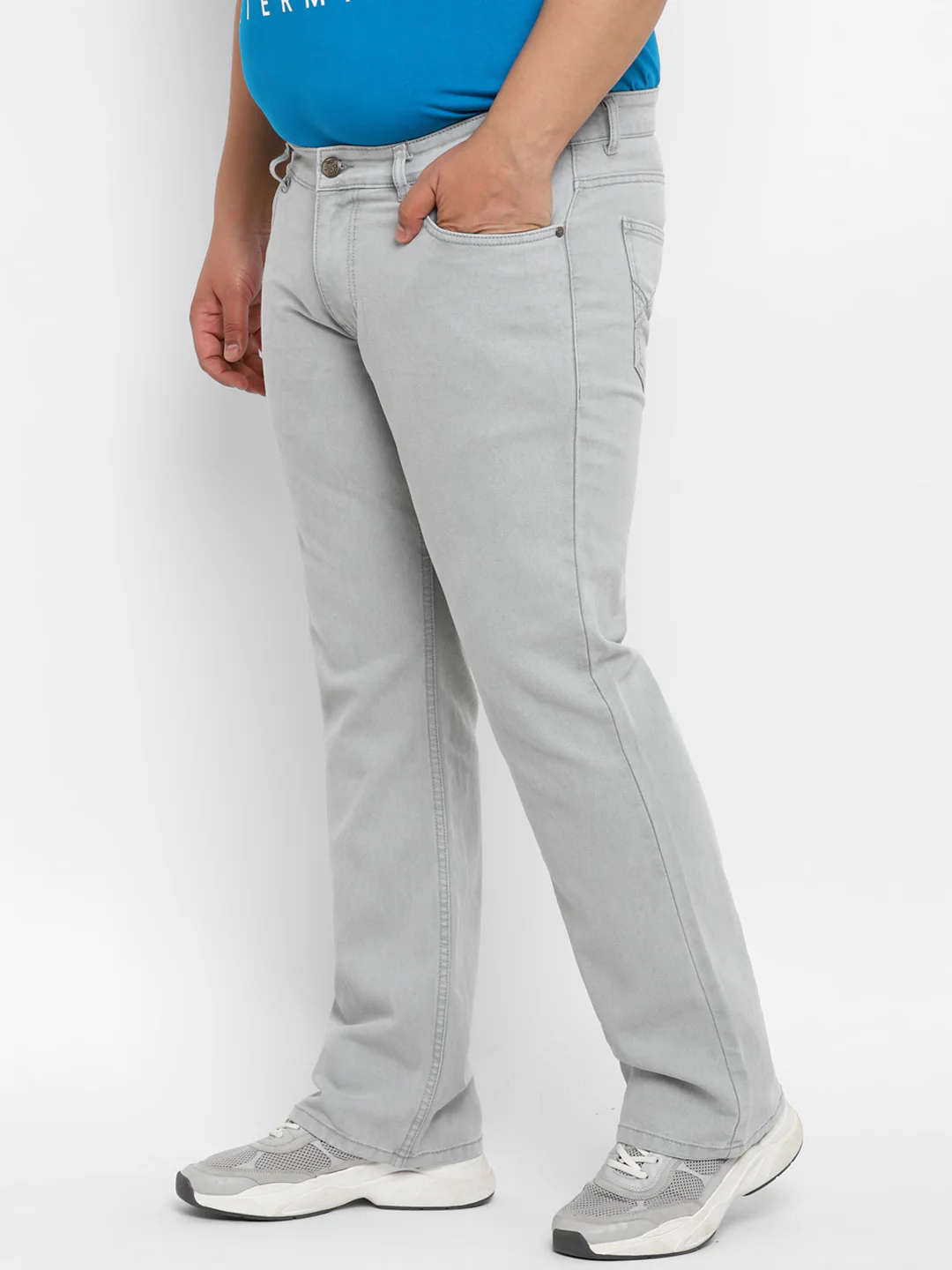 Plus Men's Light Grey Regular Fit Washed Denim Bootcut Jeans Stretchable - Image 2