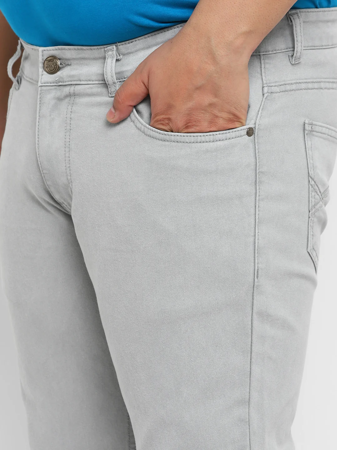 Plus Men's Light Grey Regular Fit Washed Denim Bootcut Jeans Stretchable - Image 6