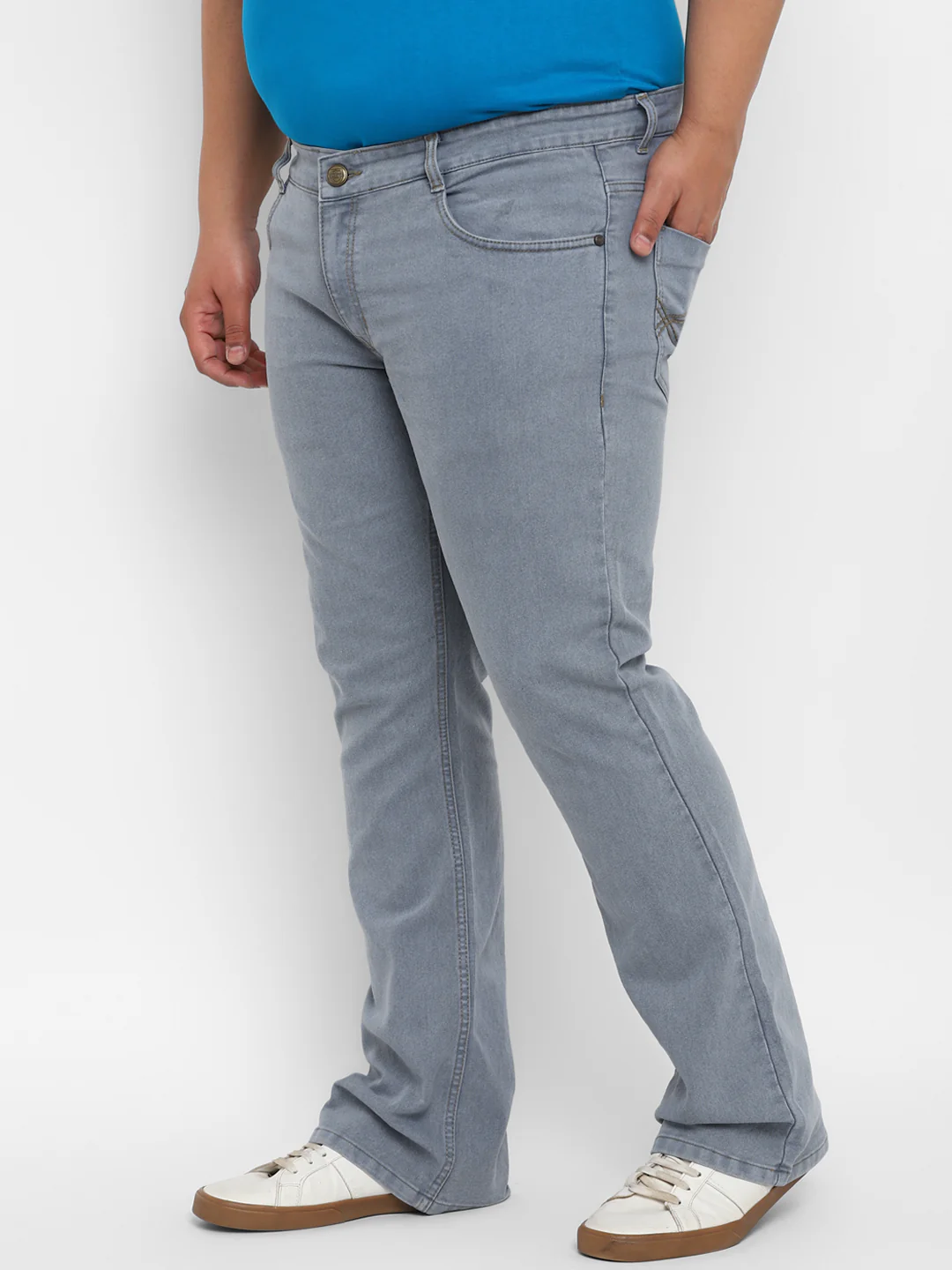 Plus Men's Light Grey Regular Fit Washed Denim Bootcut Jeans Stretchable - Image 2
