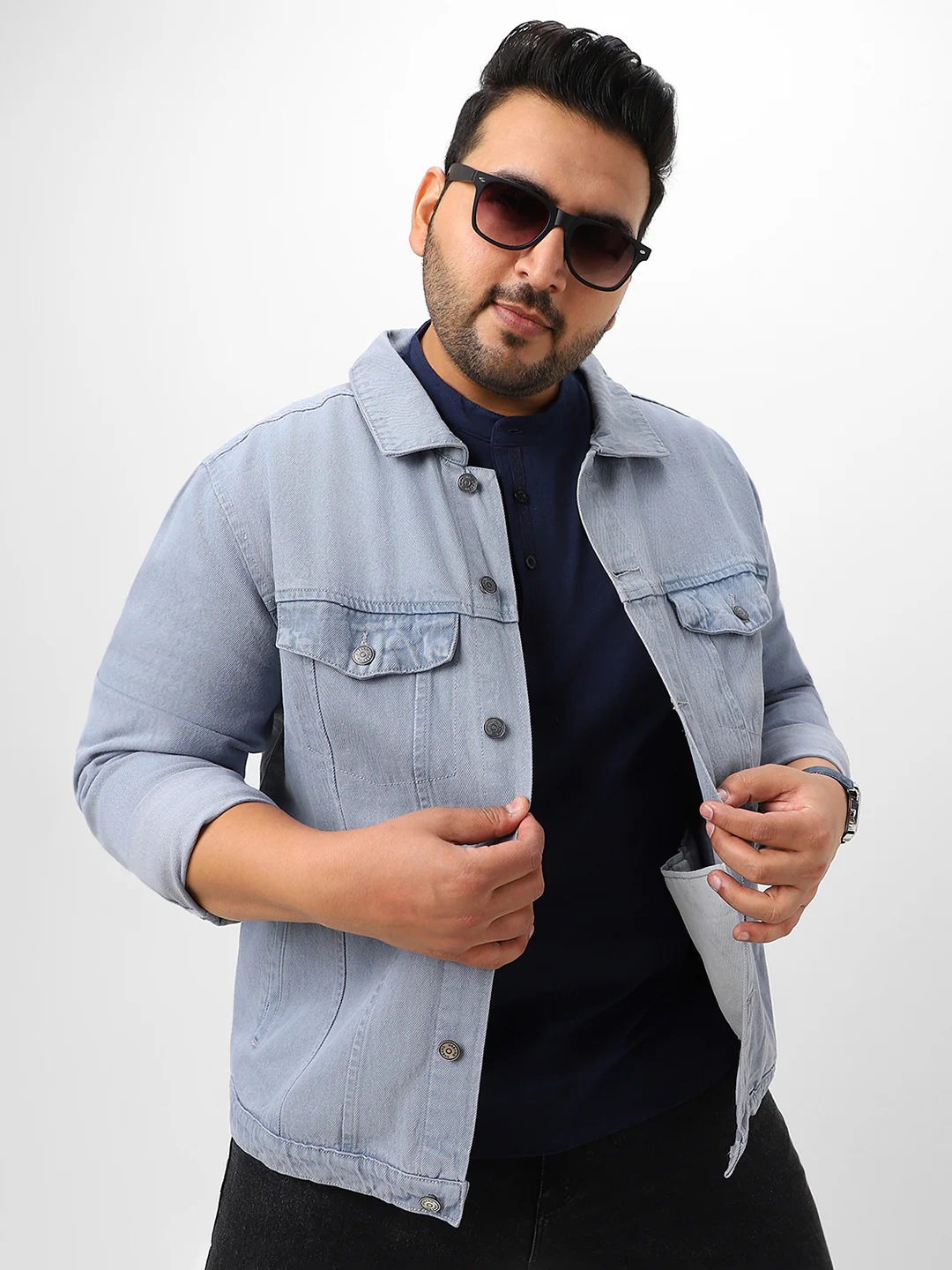 Plus Men's Light Grey Regular Fit Washed Full Sleeve Denim Jacket - Image 2