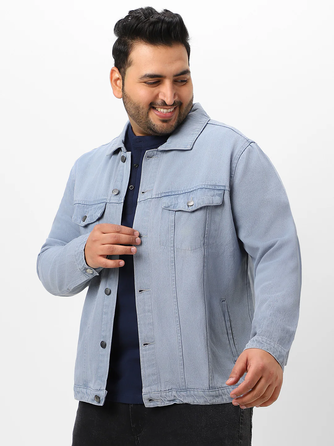 Plus Men's Light Grey Regular Fit Washed Full Sleeve Denim Jacket - Image 3