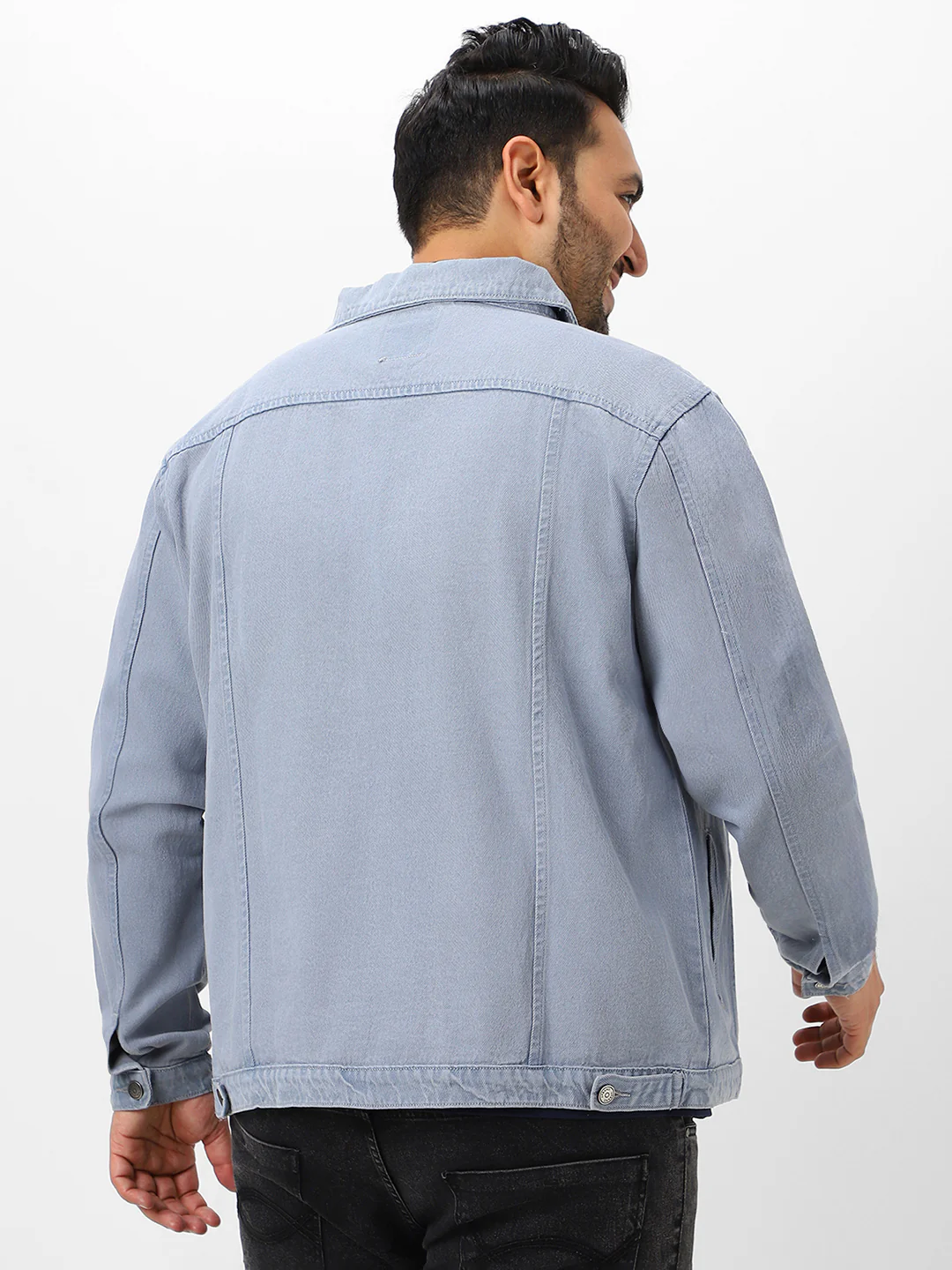 Plus Men's Light Grey Regular Fit Washed Full Sleeve Denim Jacket - Image 4