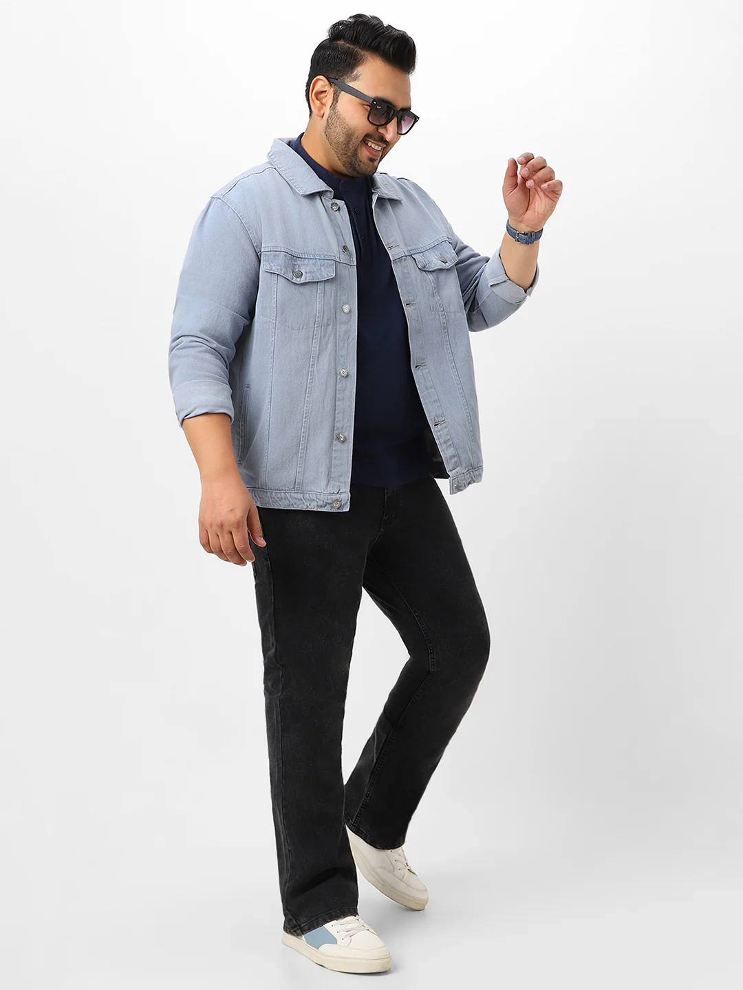 Plus Men's Light Grey Regular Fit Washed Full Sleeve Denim Jacket - Image 5
