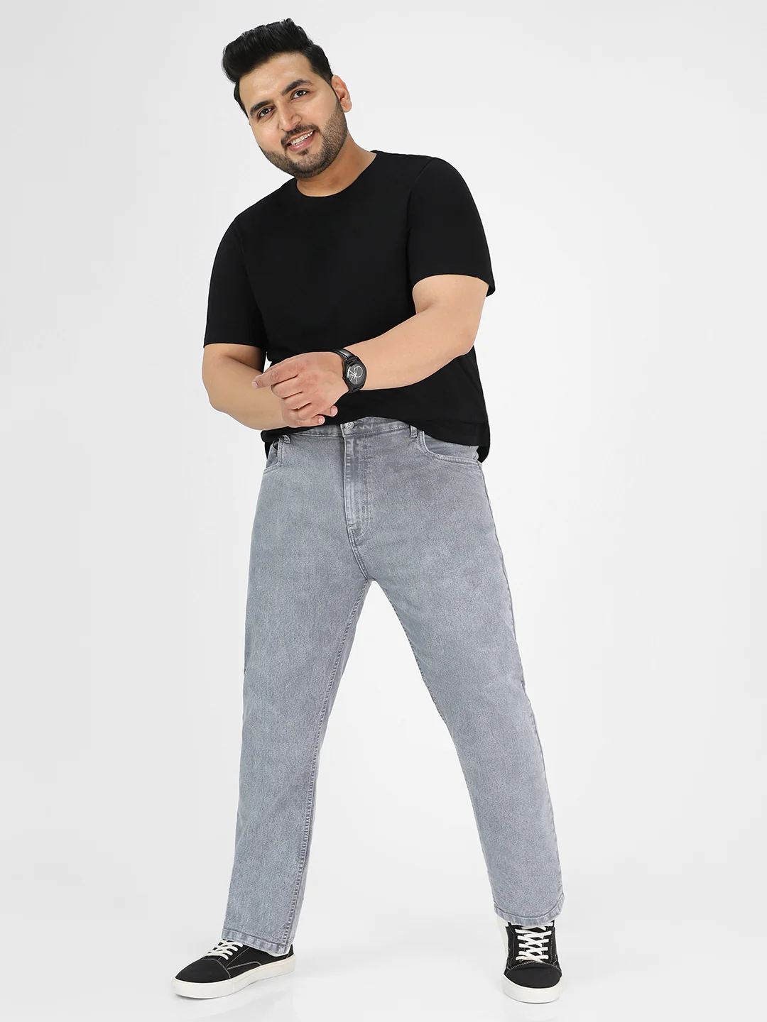 Plus Men's Light Grey Regular Fit Washed Jeans Stretchable - Image 4