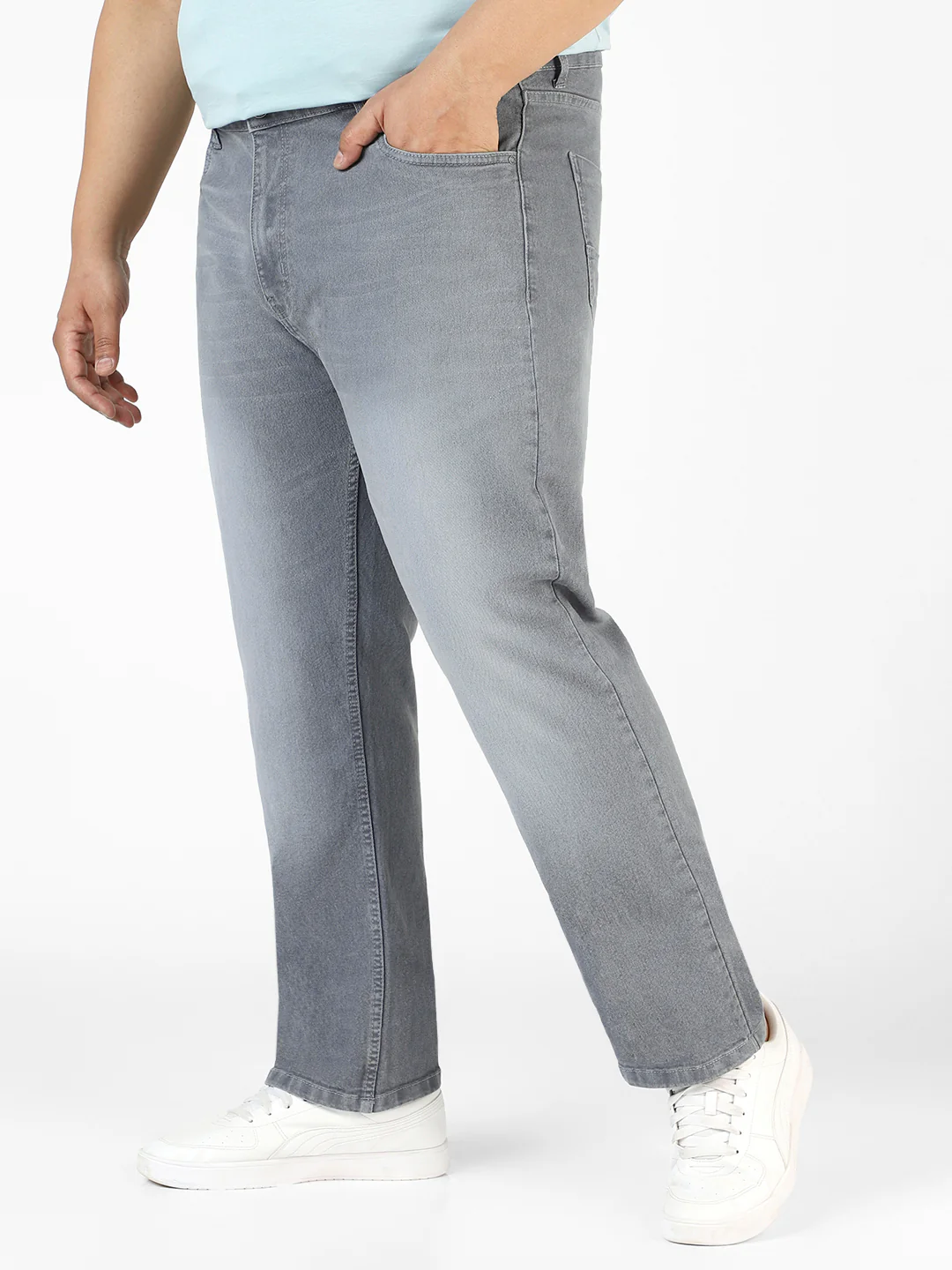 Plus Men's Light Grey Regular Fit Washed Jeans Stretchable - Image 2