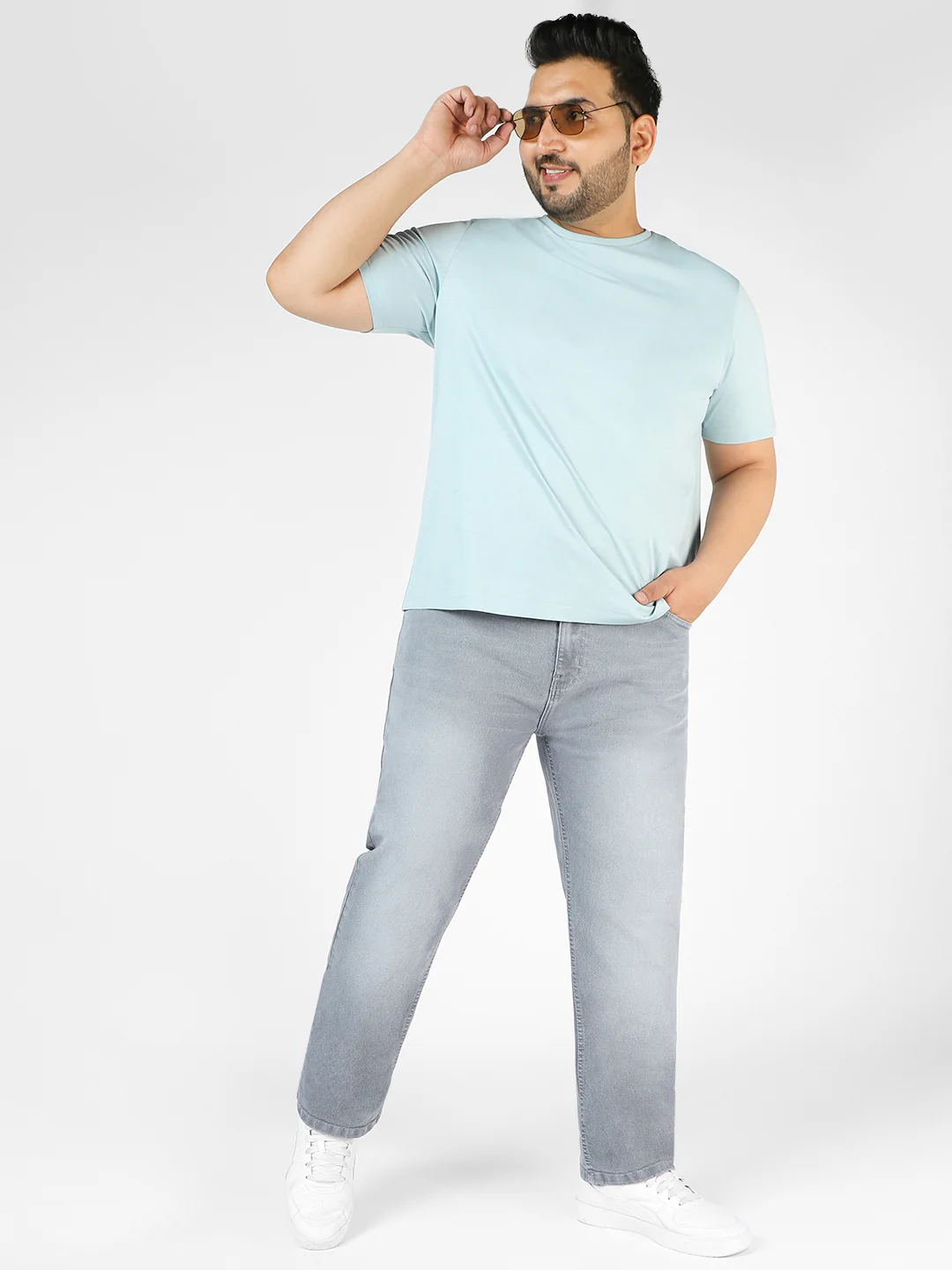 Plus Men's Light Grey Regular Fit Washed Jeans Stretchable - Image 4