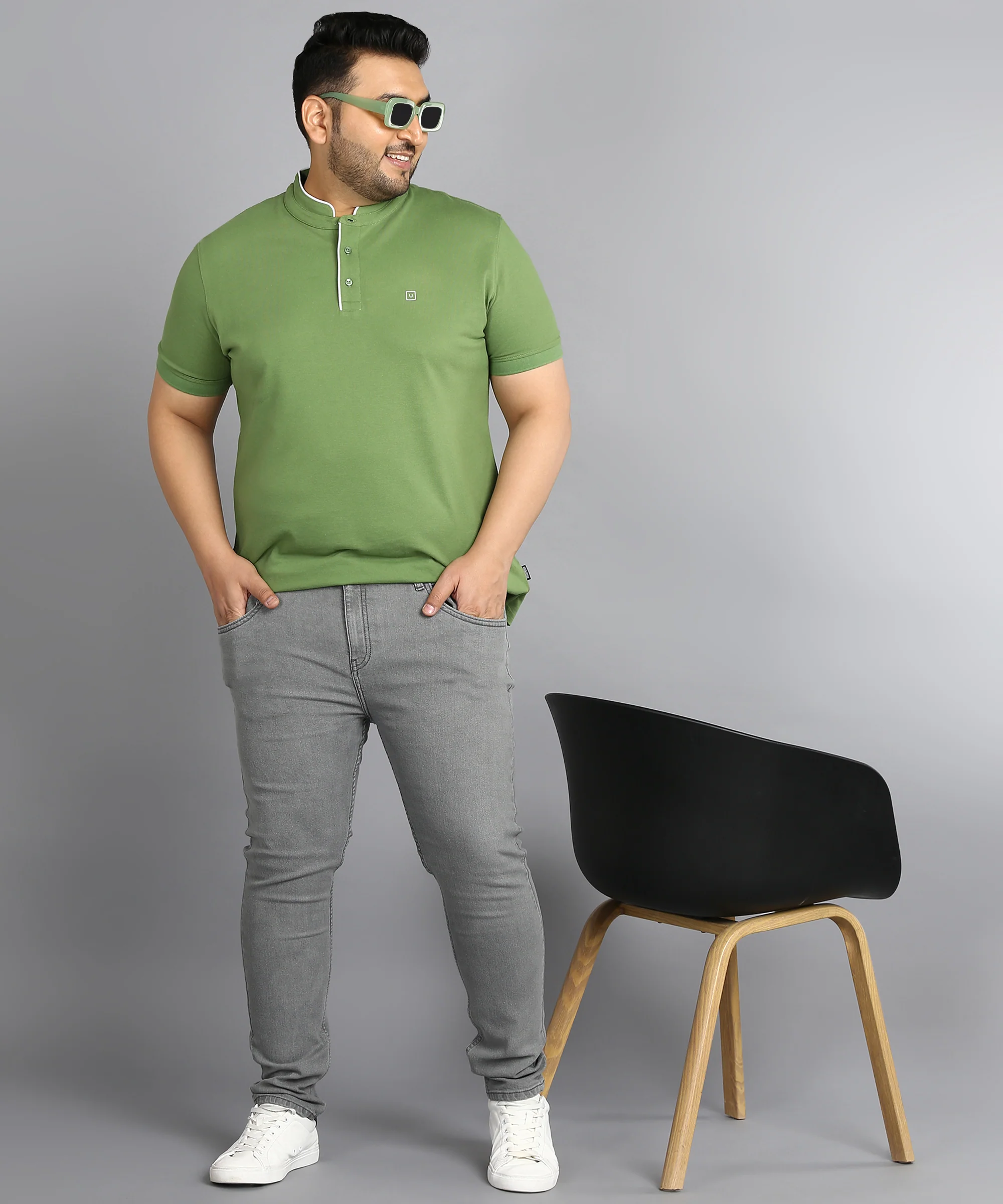 Plus Men's Light Grey Regular Fit Washed Jeans Stretchable - Image 4