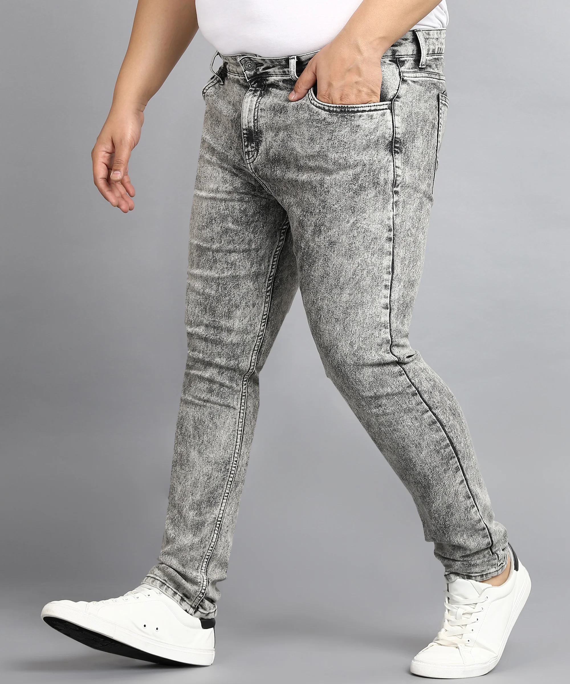 Plus Men's Light Grey Regular Fit Washed Jeans Stretchable - Image 2