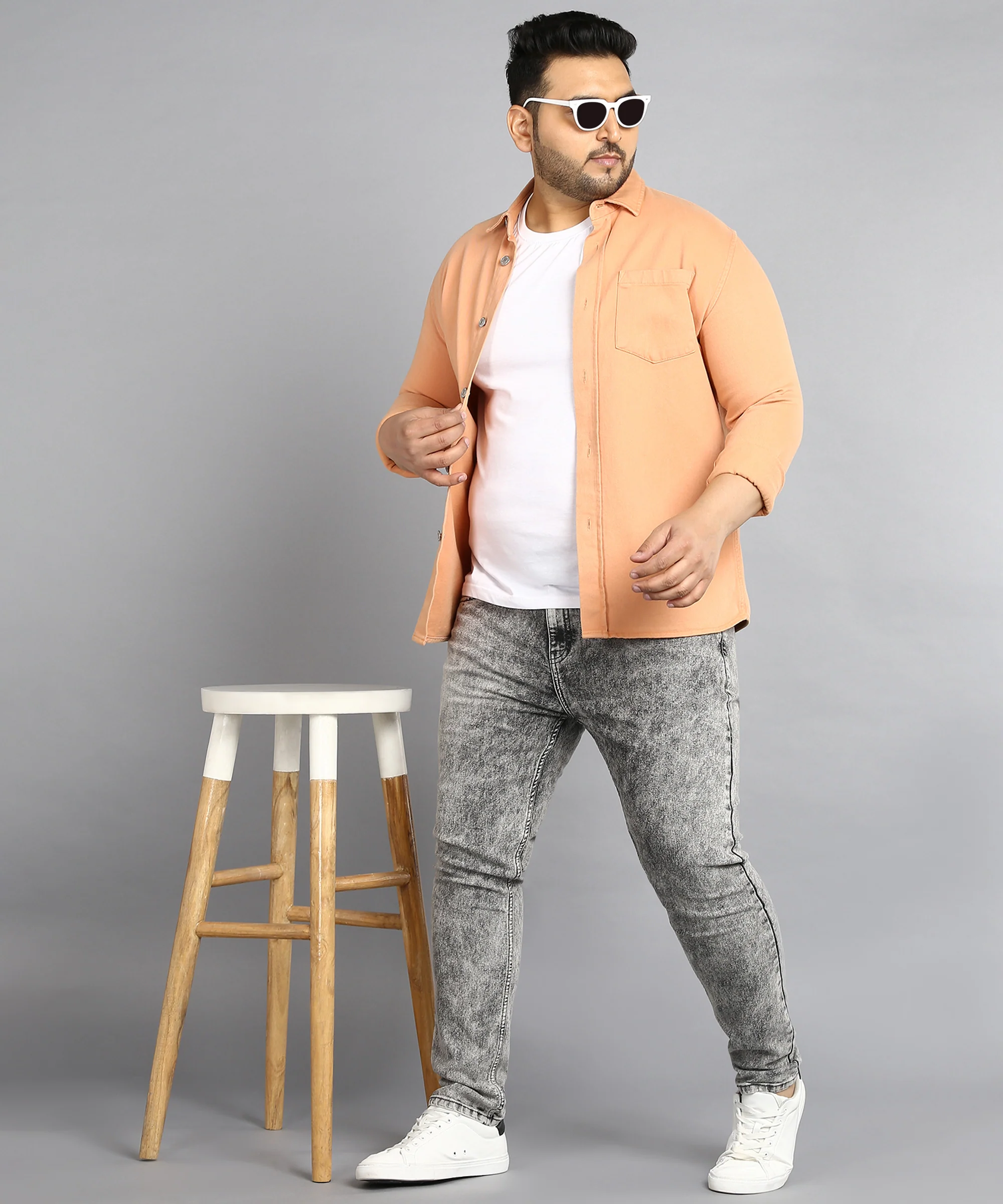 Plus Men's Light Grey Regular Fit Washed Jeans Stretchable - Image 4