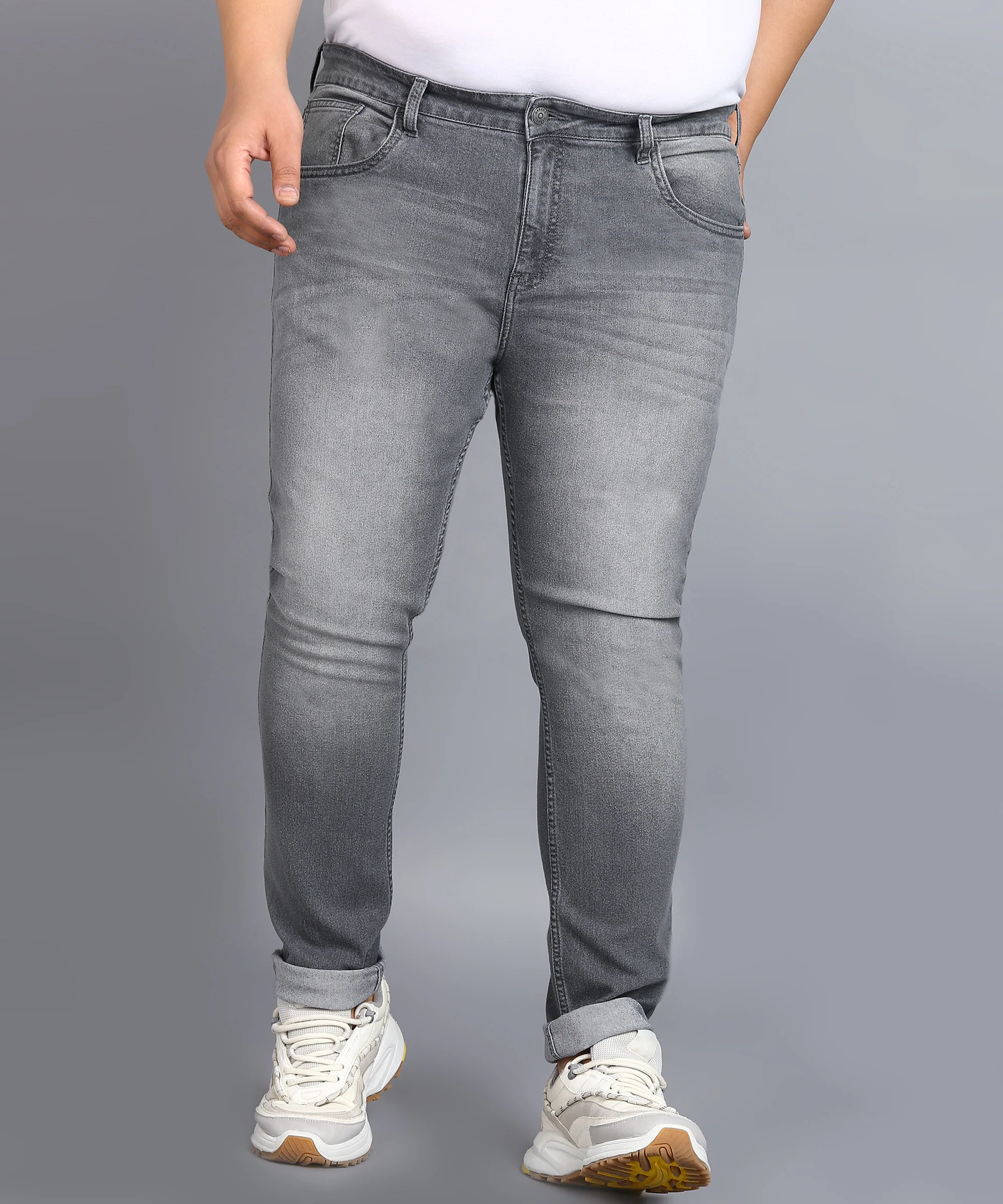 Plus Men's Light Grey Regular Fit Washed Jeans Stretchable
