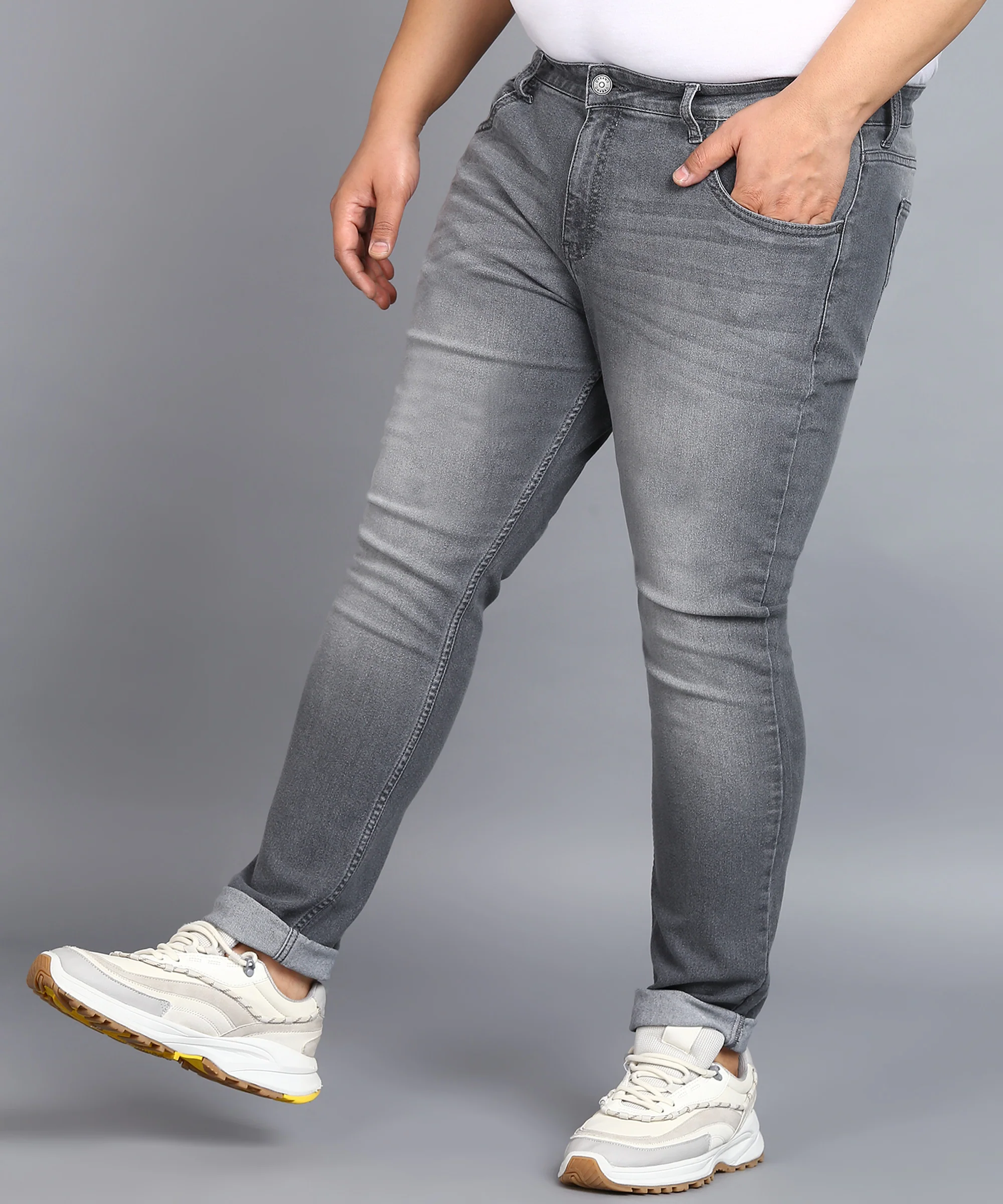 Plus Men's Light Grey Regular Fit Washed Jeans Stretchable - Image 2