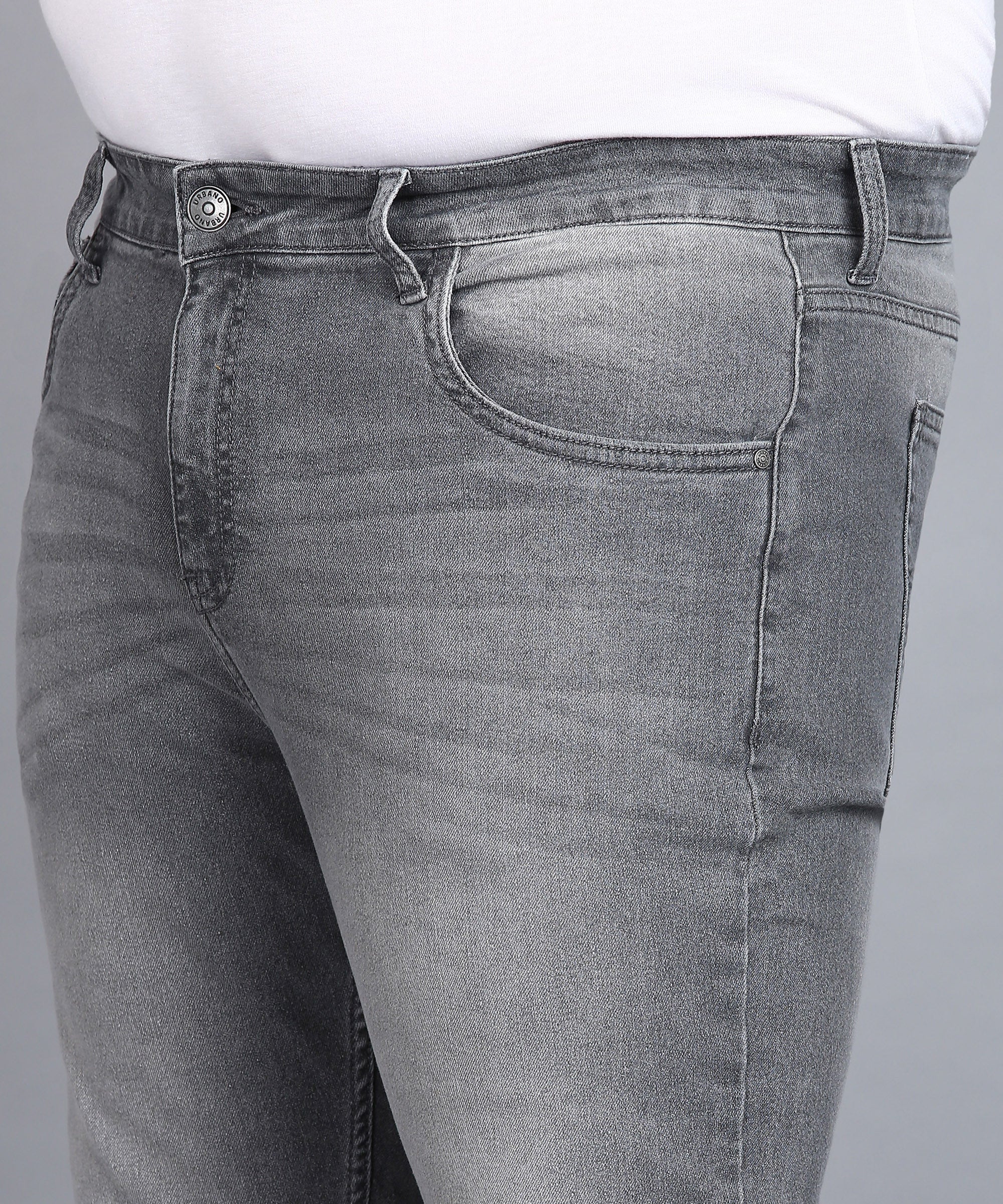 Plus Men's Light Grey Regular Fit Washed Jeans Stretchable - Image 5