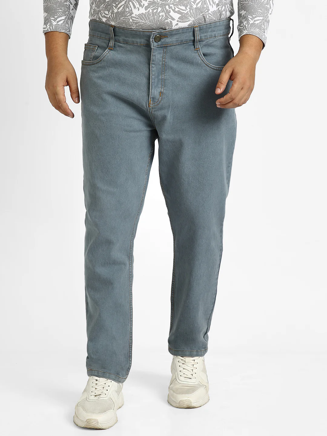 Plus Men's Light Grey Regular Fit Washed Jeans Stretchable - Image 2