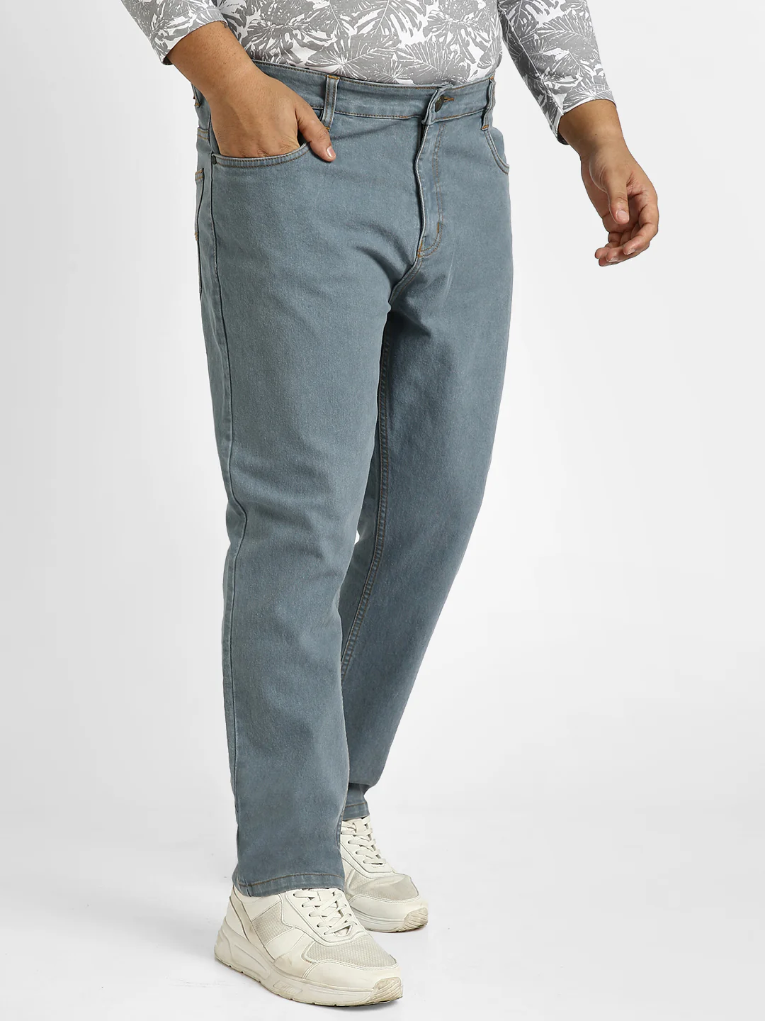 Plus Men's Light Grey Regular Fit Washed Jeans Stretchable - Image 3