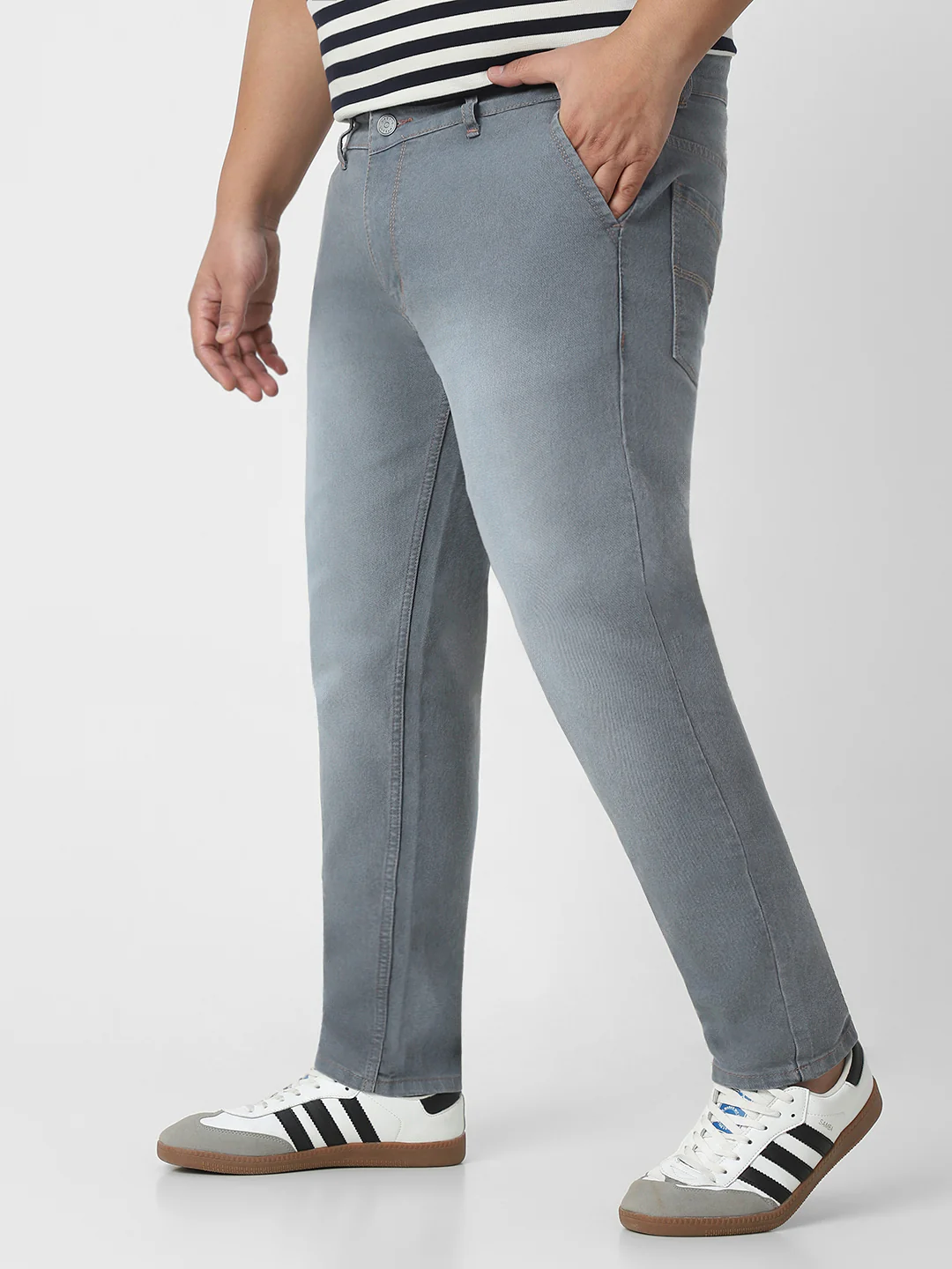 Plus Men's Light Grey Regular Fit Washed Jeans Stretchable - Image 2