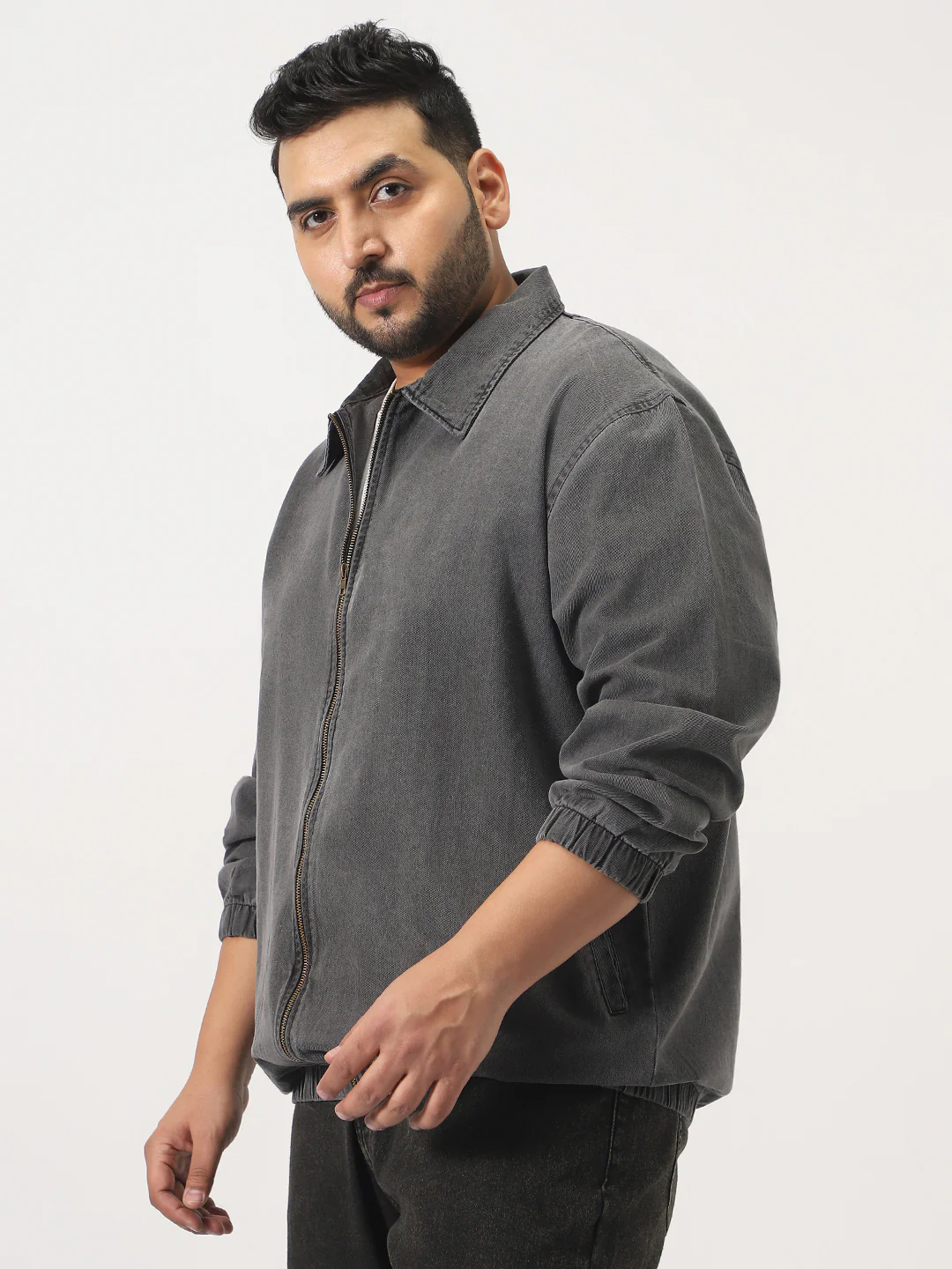 Plus Men's Light Grey Relaxed Fit Full Sleeve Harrington Denim Jacket - Image 2