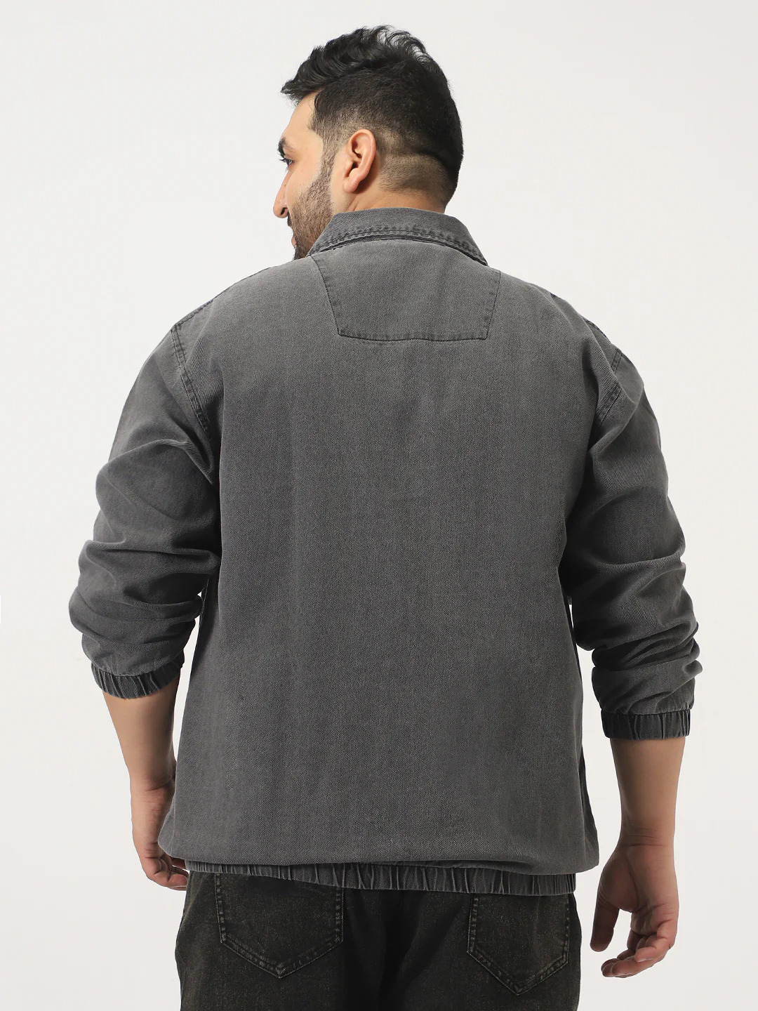Plus Men's Light Grey Relaxed Fit Full Sleeve Harrington Denim Jacket - Image 3